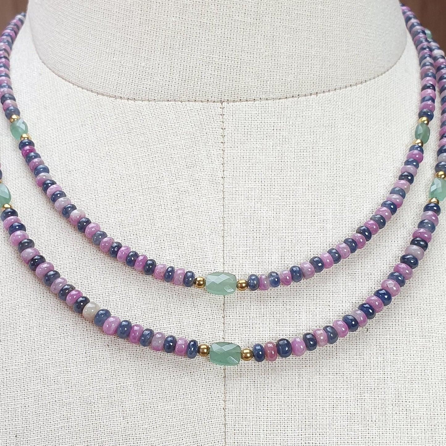 Zoisite Ruby & Blue Sapphire Gemstone Beads Necklace: Natural Untreated Ruby, Green Quartzite Plain Rondelle Brass Necklace 18" 1 Strand