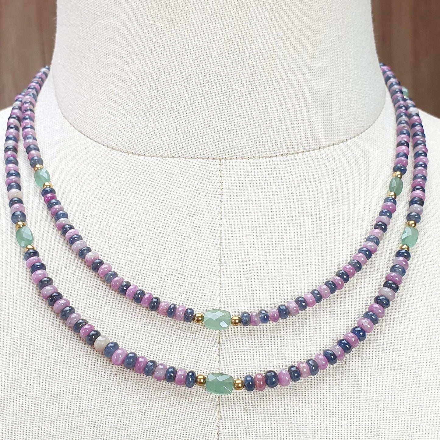 Zoisite Ruby & Blue Sapphire Gemstone Beads Necklace: Natural Untreated Ruby, Green Quartzite Plain Rondelle Brass Necklace 18" 1 Strand
