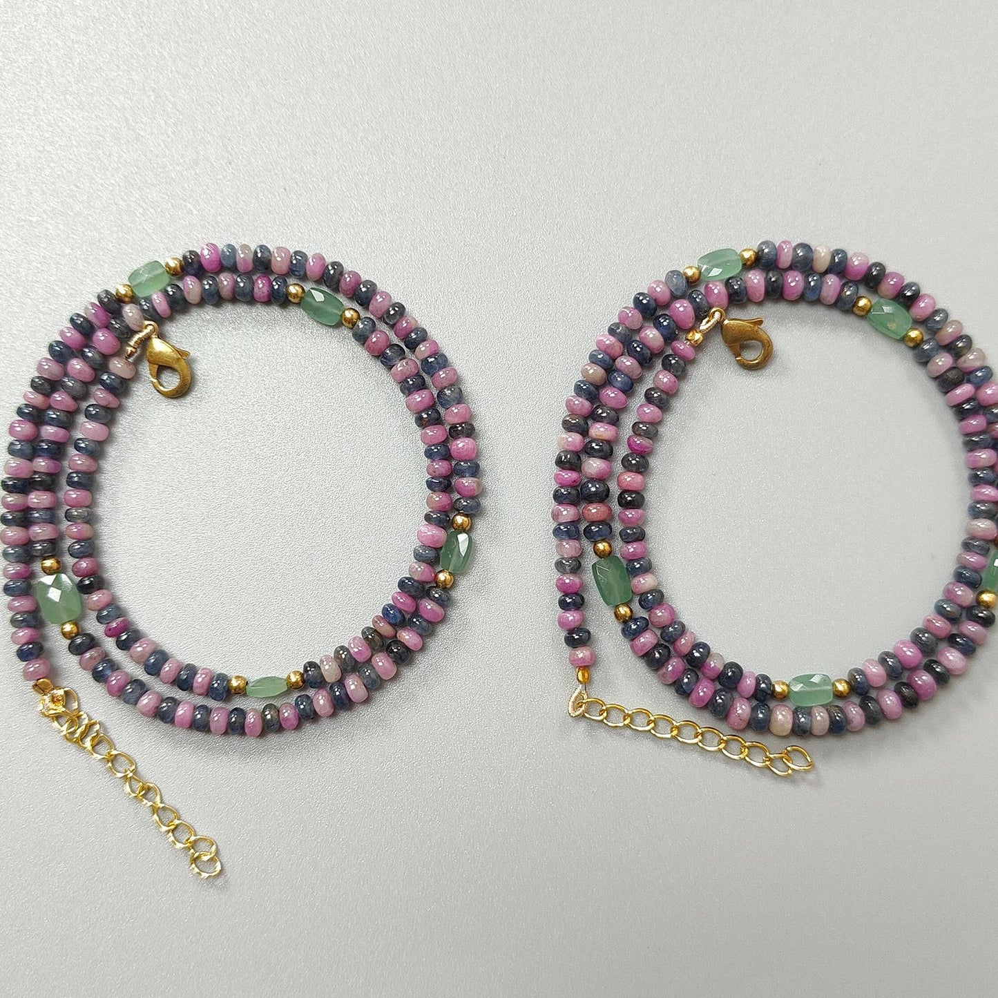 Zoisite Ruby & Blue Sapphire Gemstone Beads Necklace: Natural Untreated Ruby, Green Quartzite Plain Rondelle Brass Necklace 18" 1 Strand