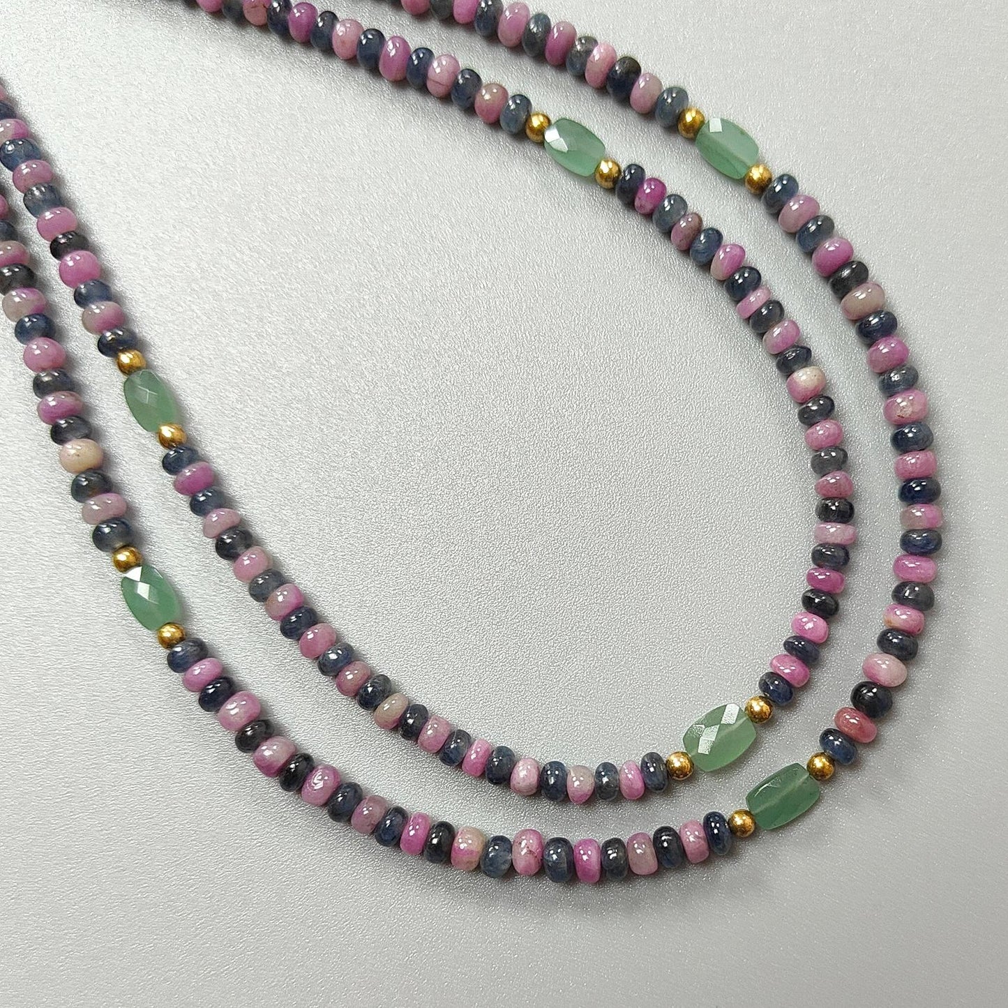 Zoisite Ruby & Blue Sapphire Gemstone Beads Necklace: Natural Untreated Ruby, Green Quartzite Plain Rondelle Brass Necklace 18" 1 Strand