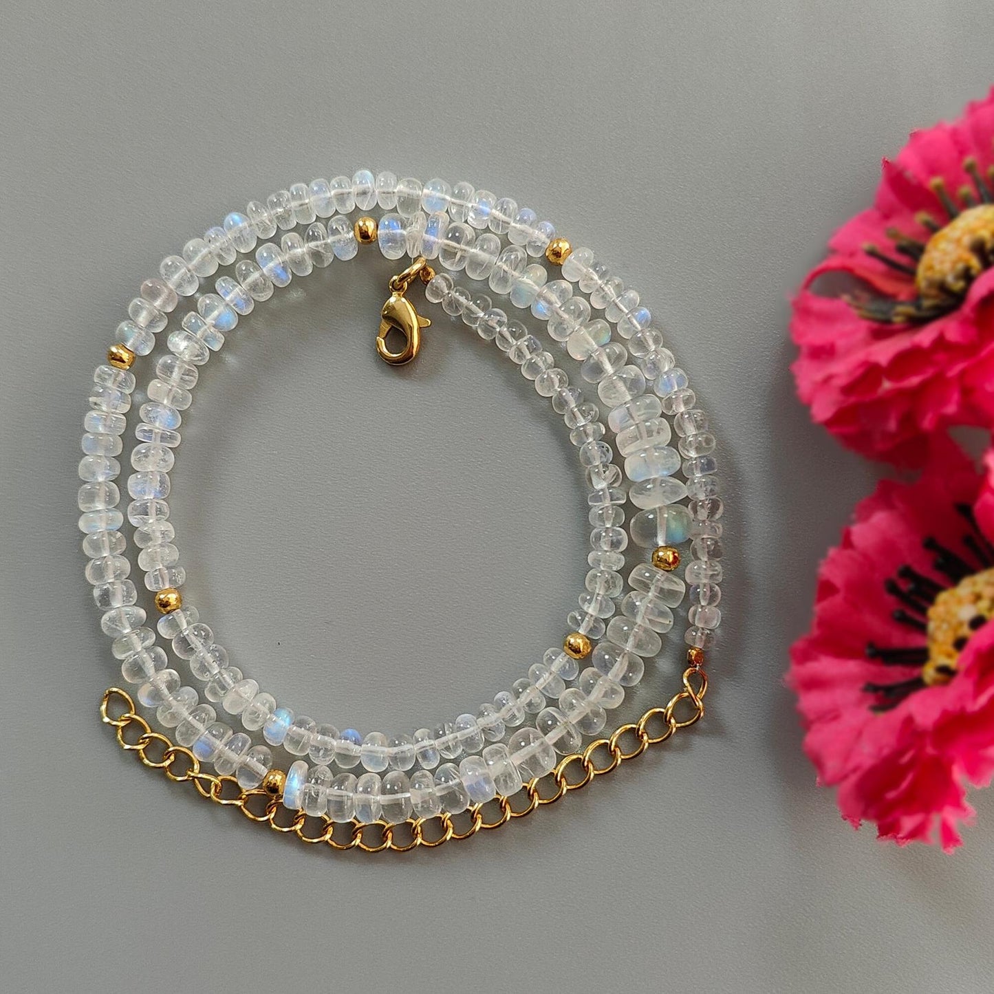 Rainbow Moonstone Gemstone Beads Necklace: 15.51gms Natural Moonstone Plain Rondelle Brass Necklace 17" Necklace June Birthstone