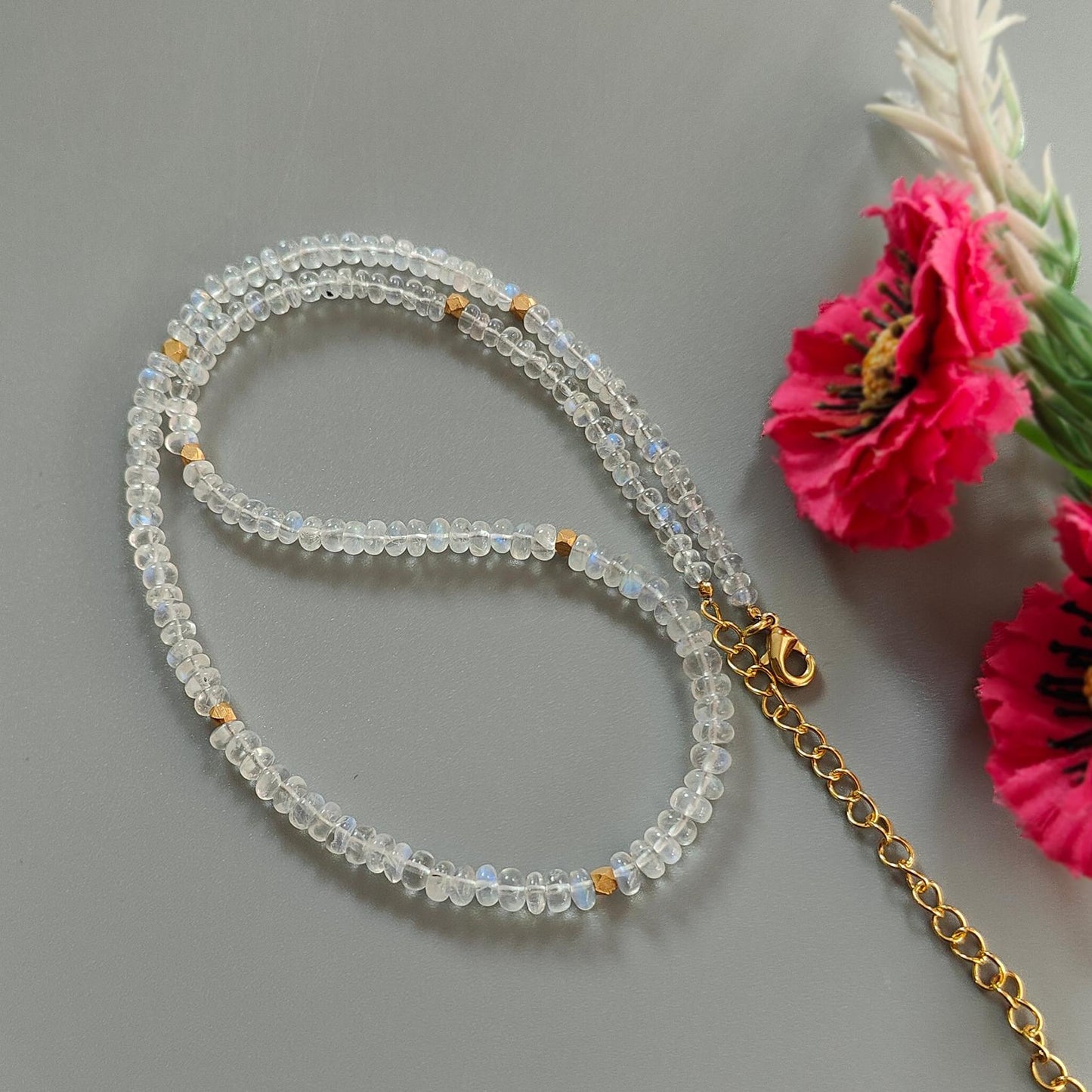 Rainbow Moonstone Gemstone Beads Necklace: 13.10gms Natural Moonstone Plain Rondelle Brass Necklace 16.5" Necklace June Birthstone
