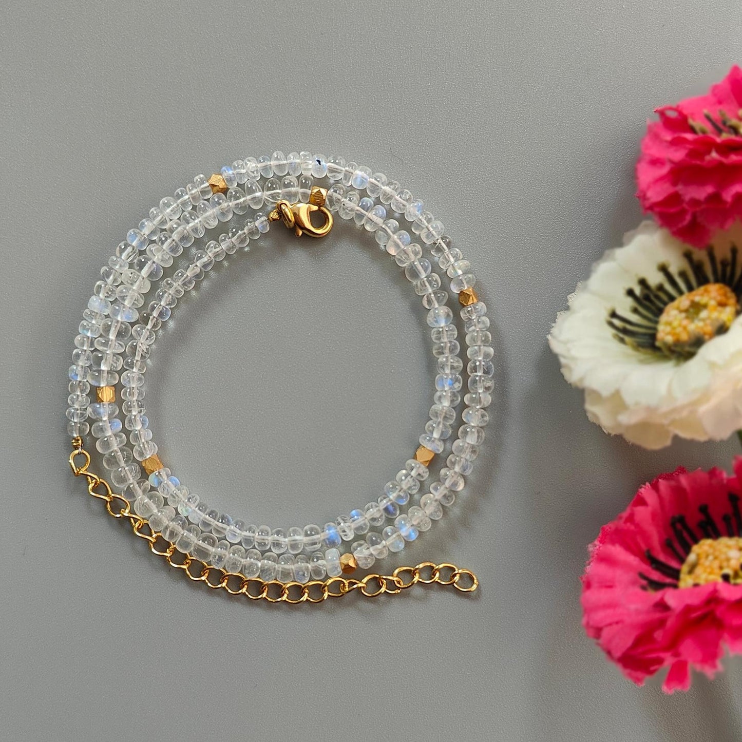 Rainbow Moonstone Gemstone Beads Necklace: 13.10gms Natural Moonstone Plain Rondelle Brass Necklace 16.5" Necklace June Birthstone