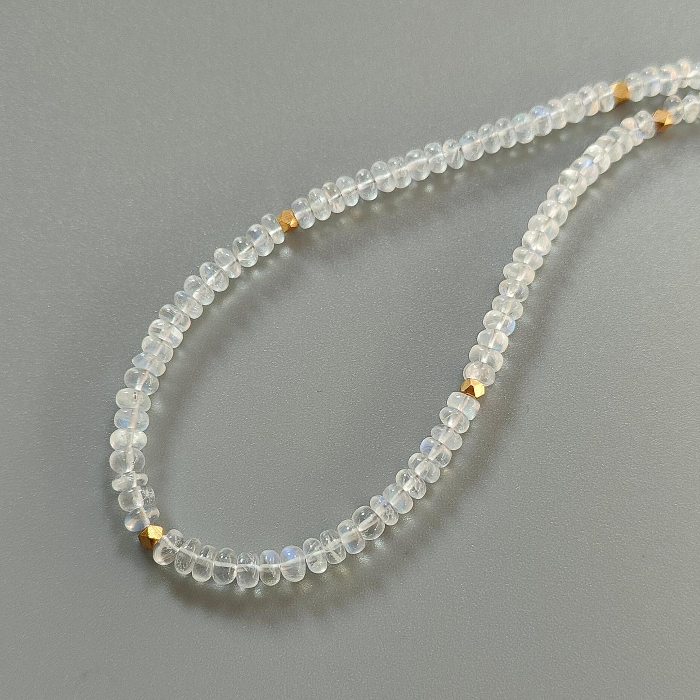 Rainbow Moonstone Gemstone Beads Necklace: 13.10gms Natural Moonstone Plain Rondelle Brass Necklace 16.5" Necklace June Birthstone