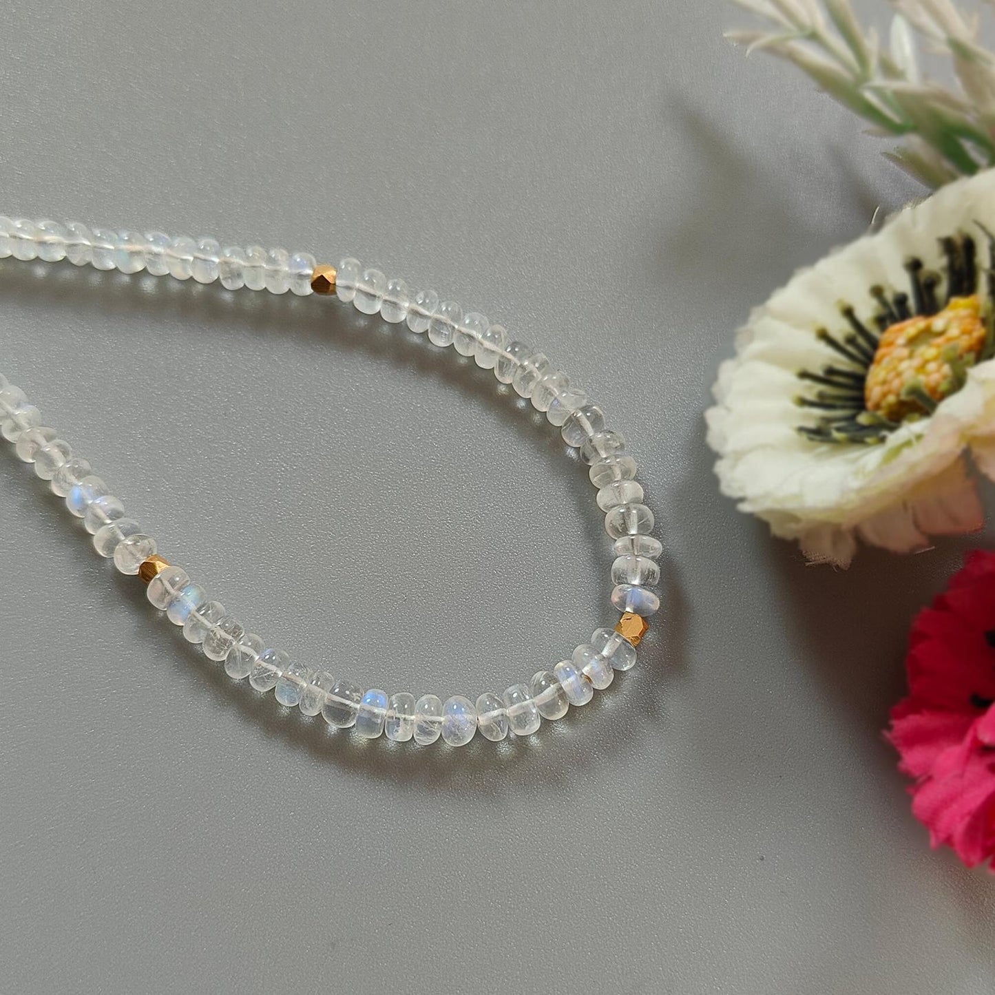Rainbow Moonstone Gemstone Beads Necklace: 13.10gms Natural Moonstone Plain Rondelle Brass Necklace 16.5" Necklace June Birthstone