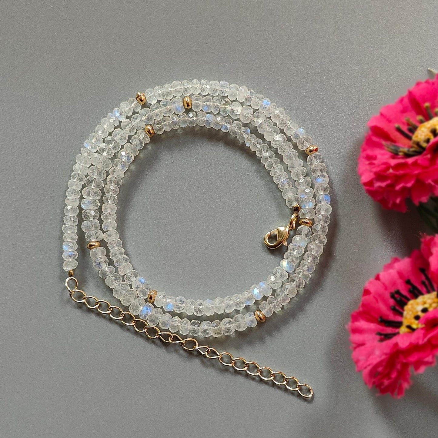 Rainbow Moonstone Gemstone Beads Necklace: 15.49gms Natural Moonstone Plain Rondelle Brass Necklace 19" Necklace June Birthstone