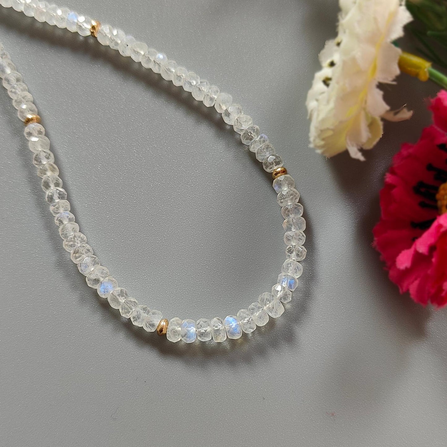 Rainbow Moonstone Gemstone Beads Necklace: 15.49gms Natural Moonstone Plain Rondelle Brass Necklace 19" Necklace June Birthstone