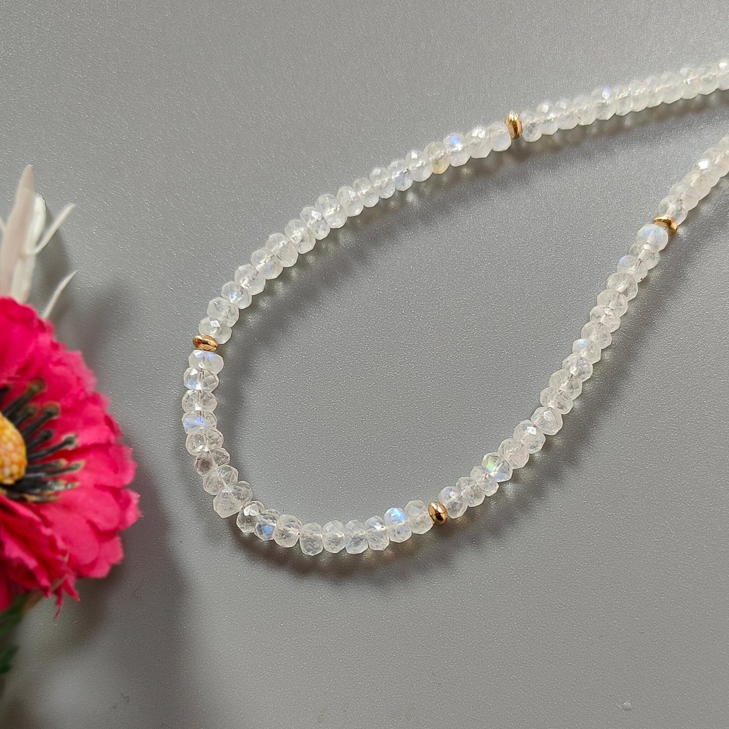 Rainbow Moonstone Gemstone Beads Necklace: 15.49gms Natural Moonstone Plain Rondelle Brass Necklace 19" Necklace June Birthstone