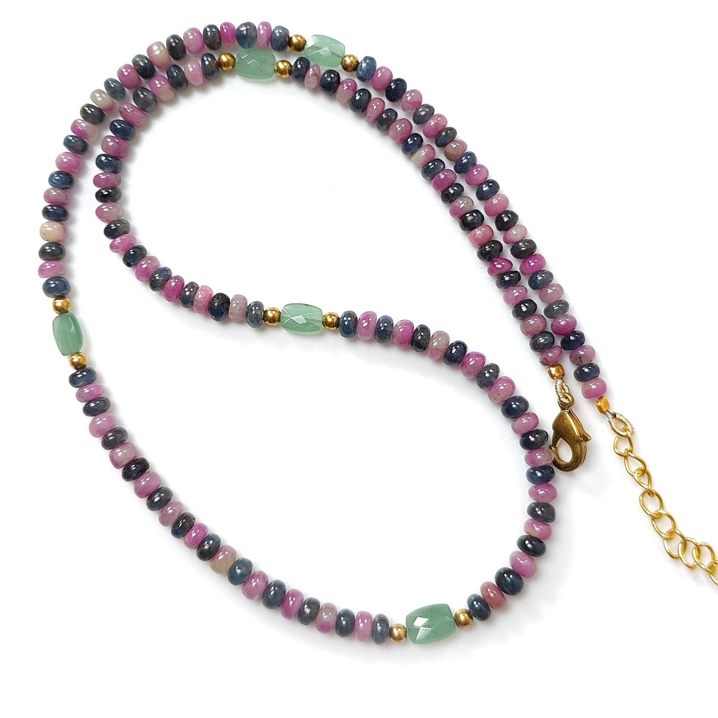 Zoisite Ruby & Blue Sapphire Gemstone Beads Necklace: Natural Untreated Ruby, Green Quartzite Plain Rondelle Brass Necklace 18" 1 Strand
