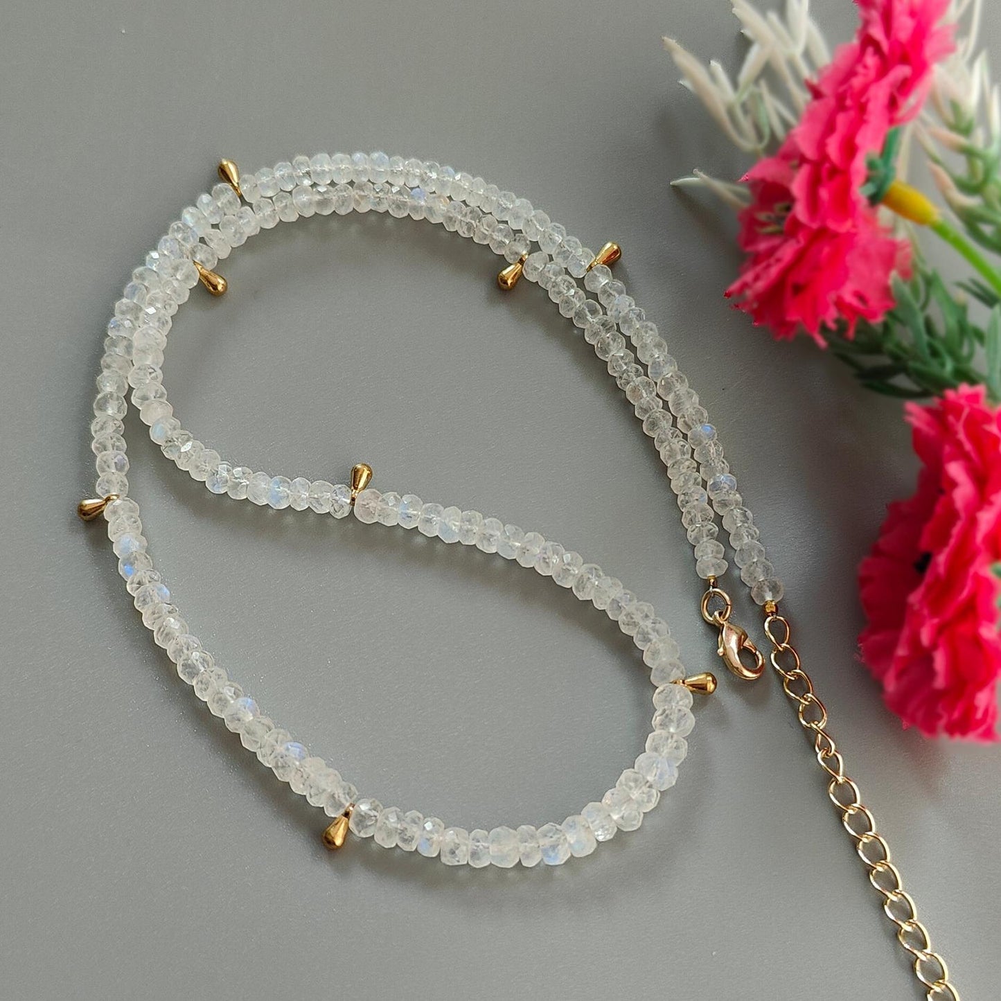 Rainbow Moonstone Gemstone Beads Necklace: 16.44gms Natural Moonstone Plain Rondelle Brass Necklace 18.5" Necklace June Birthstone