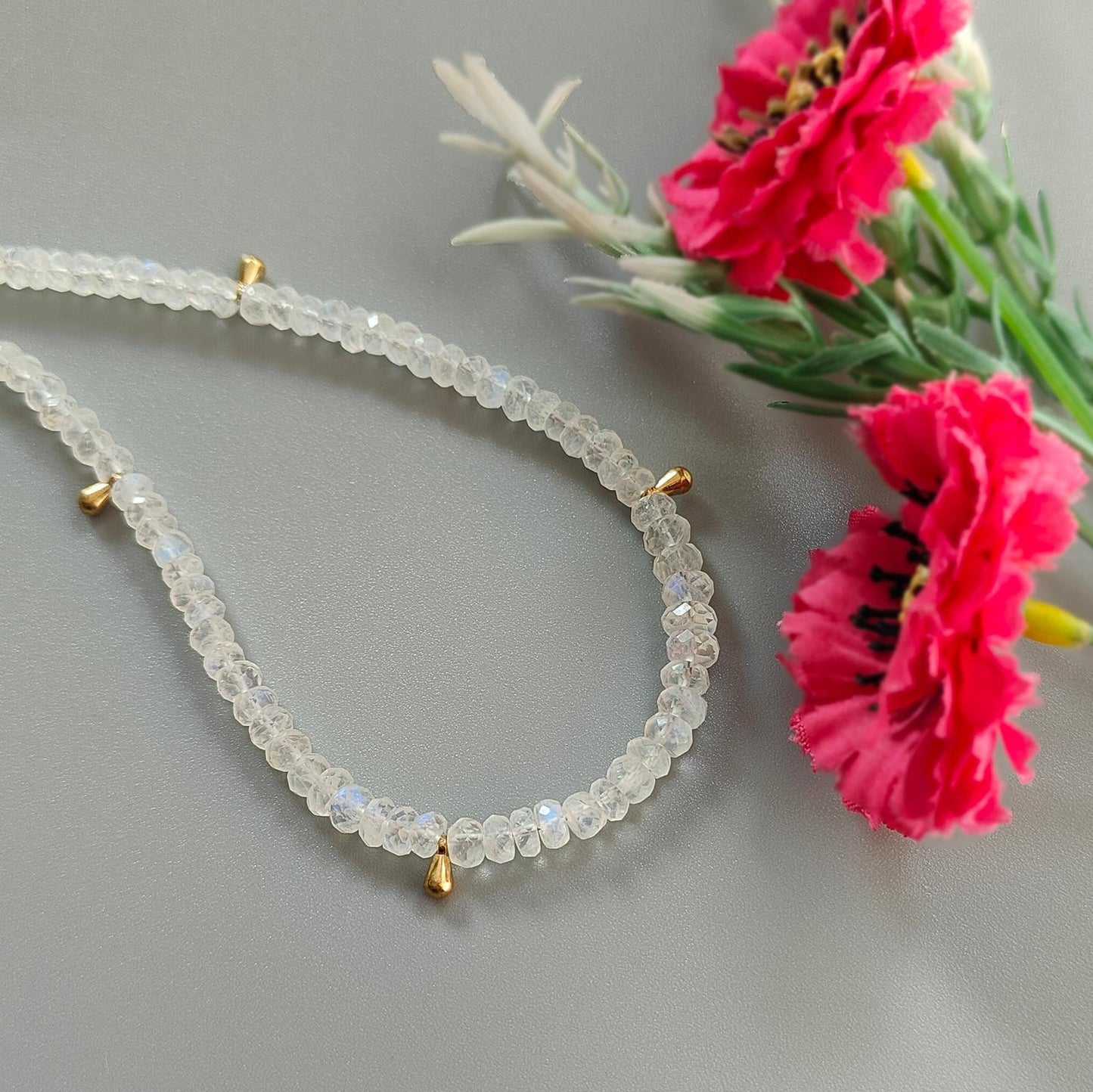 Rainbow Moonstone Gemstone Beads Necklace: 16.44gms Natural Moonstone Plain Rondelle Brass Necklace 18.5" Necklace June Birthstone