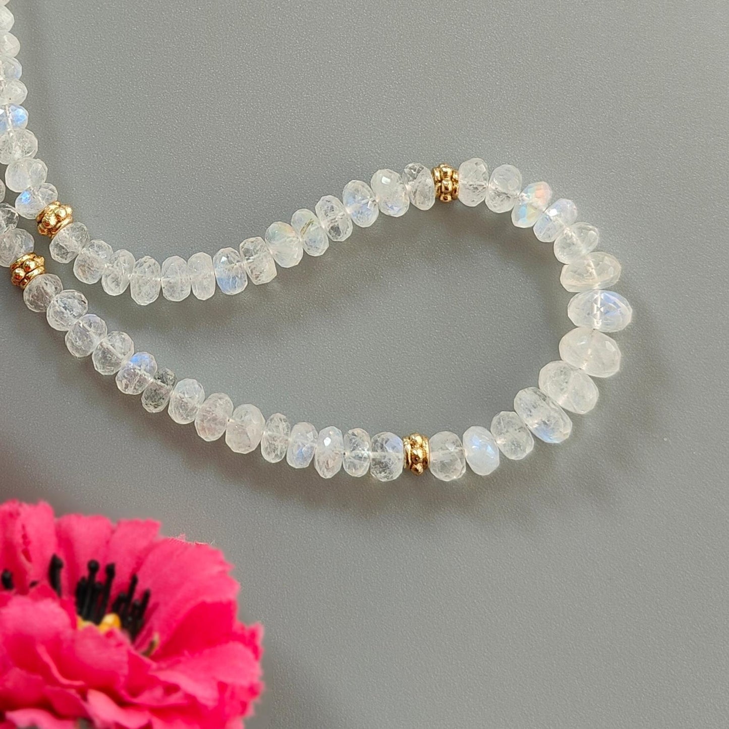 Rainbow Moonstone Gemstone Beads Necklace: 22.85gms Natural Moonstone Plain Rondelle Brass Necklace 19" Necklace June Birthstone