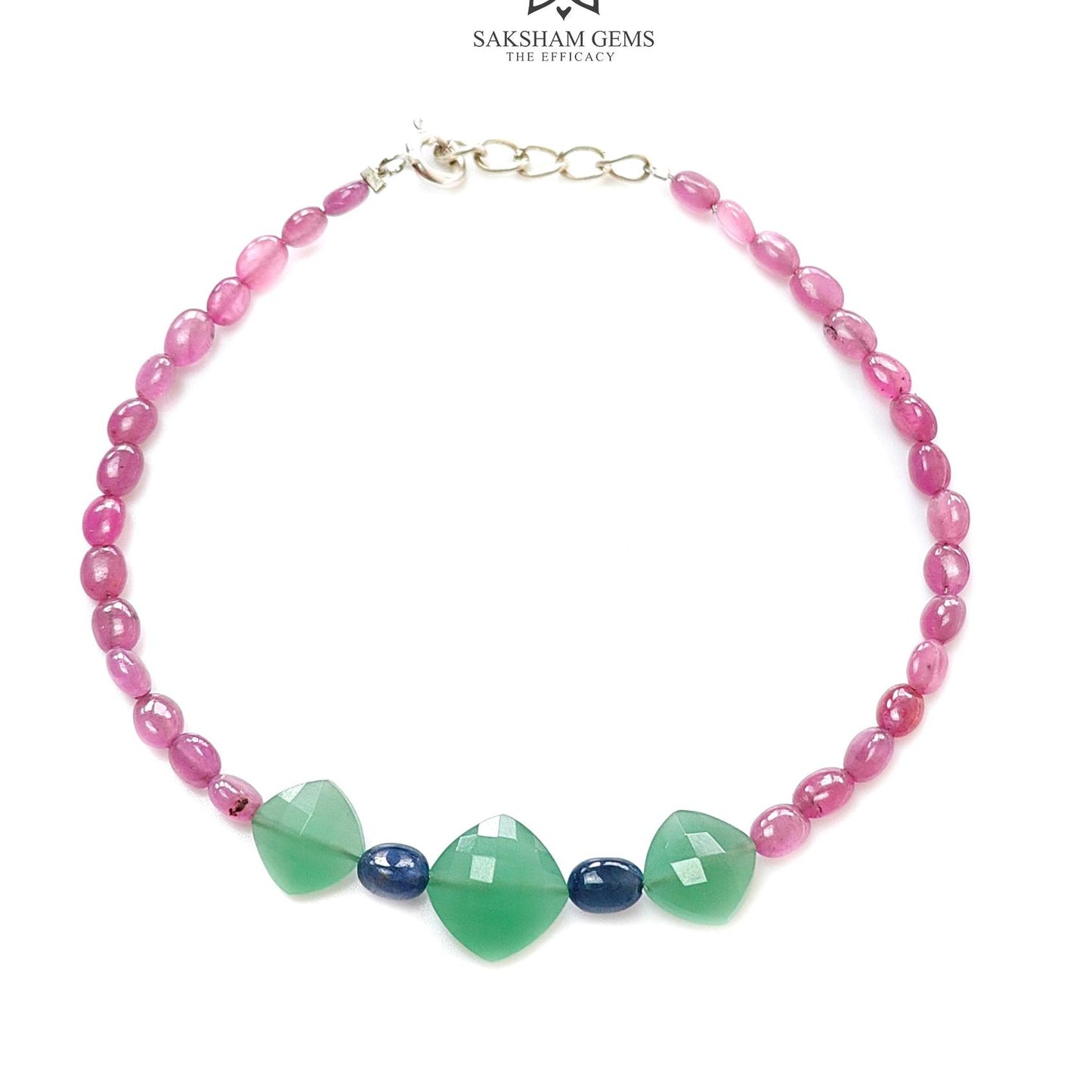 Sapphire & Quartz Gemstone Beads Bracelet: 925 Sterling Sliver Pink Sapphire Green Quartz Gemstone Beads Bracelet 8"
