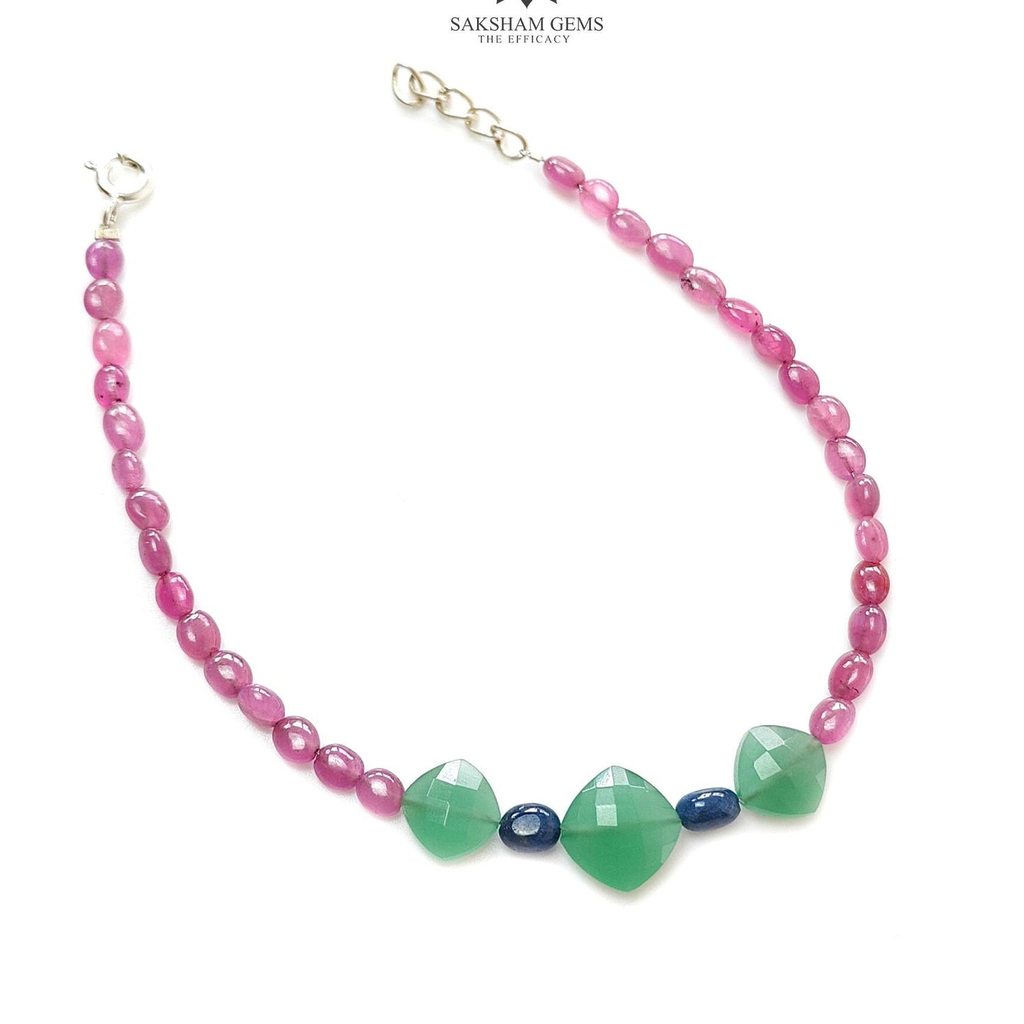 Sapphire & Quartz Gemstone Beads Bracelet: 925 Sterling Sliver Pink Sapphire Green Quartz Gemstone Beads Bracelet 8"