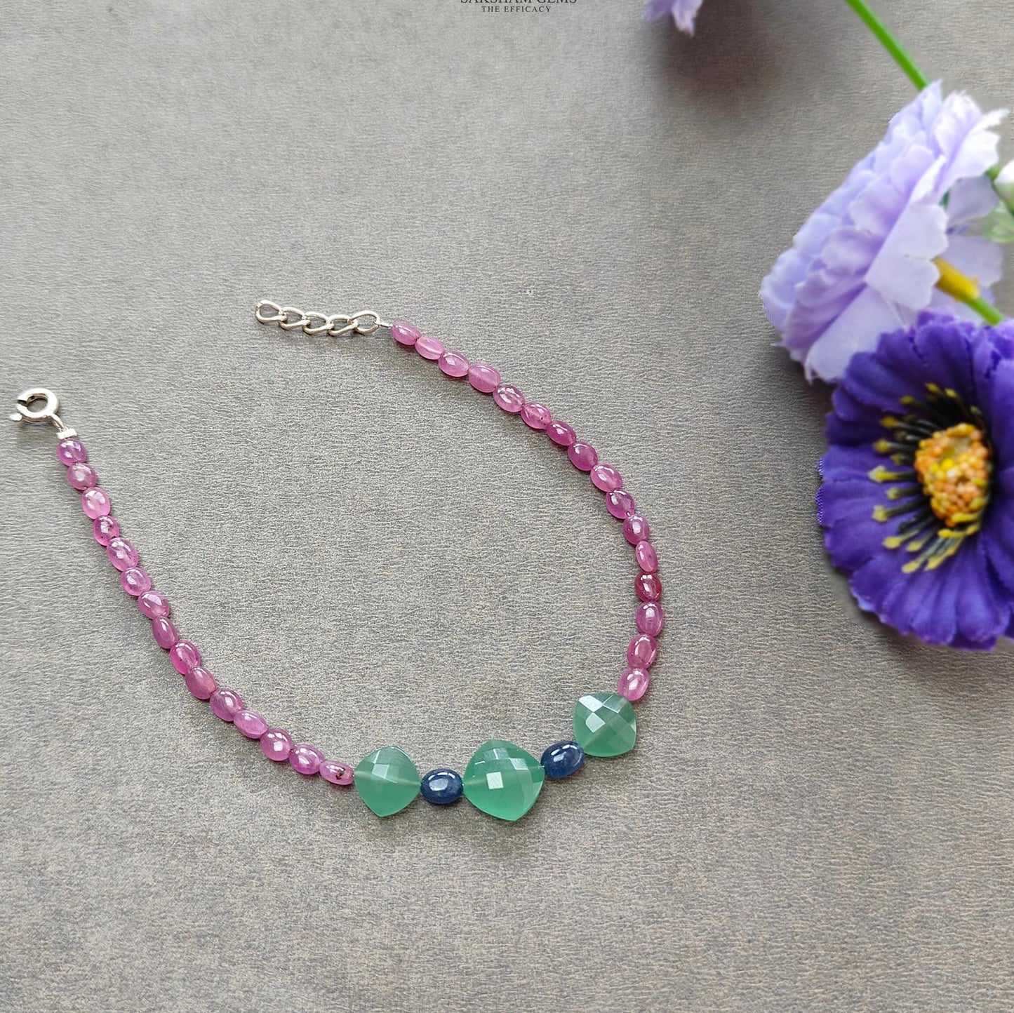 Sapphire & Quartz Gemstone Beads Bracelet: 925 Sterling Sliver Pink Sapphire Green Quartz Gemstone Beads Bracelet 8"