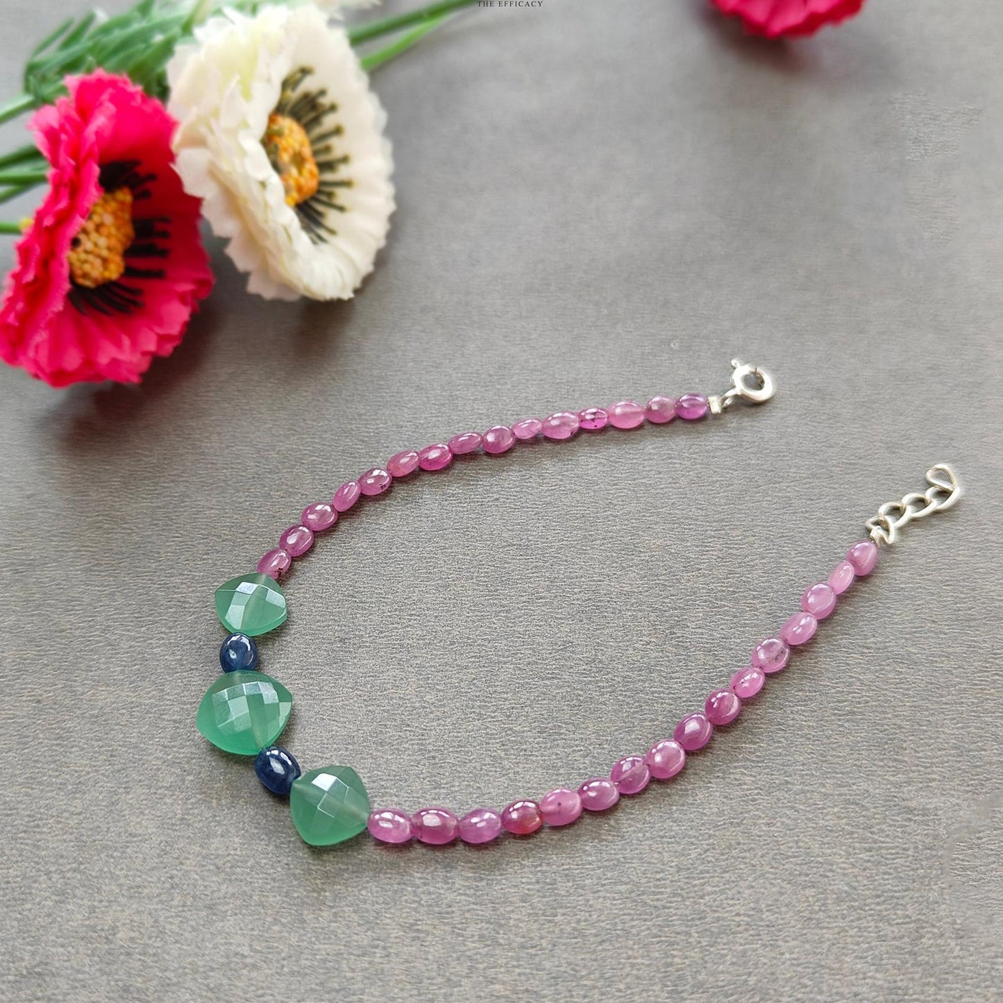 Sapphire & Quartz Gemstone Beads Bracelet: 925 Sterling Sliver Pink Sapphire Green Quartz Gemstone Beads Bracelet 8"