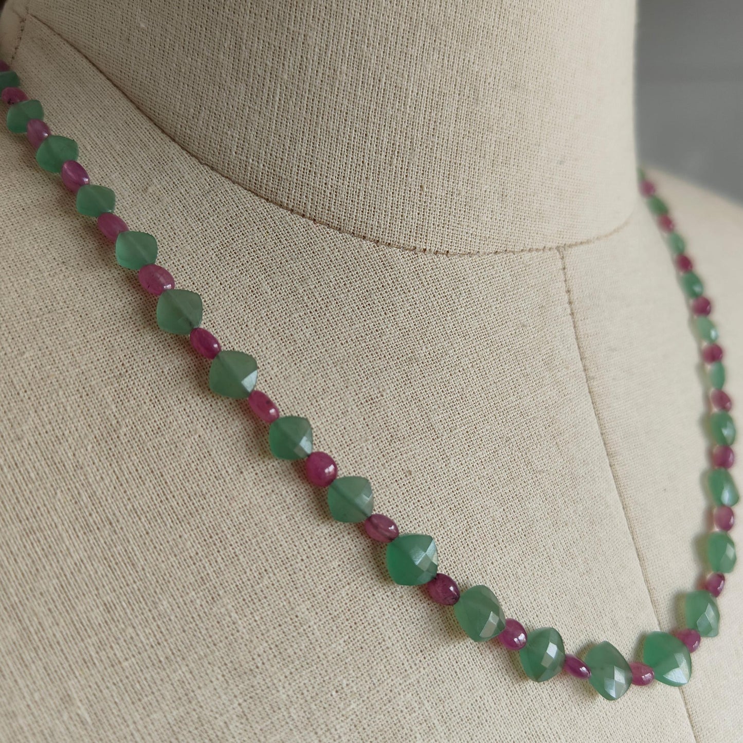 Ruby & Quartz Beads Necklace : 12.08gms 925 Sterling Silver Purple Ruby Green Quartz Briolette Faceted Plain Oval Cushion Necklace 18"