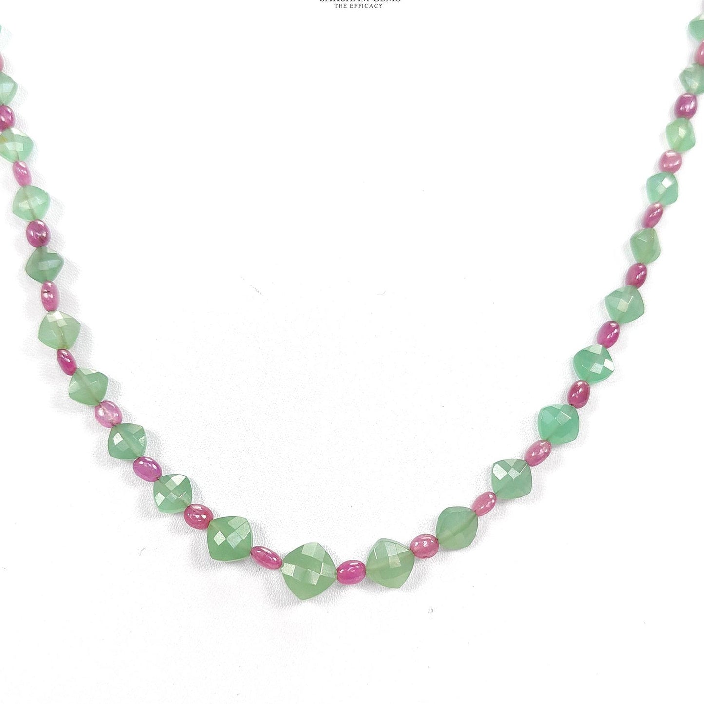 Ruby & Quartz Beads Necklace : 12.08gms 925 Sterling Silver Purple Ruby Green Quartz Briolette Faceted Plain Oval Cushion Necklace 18"