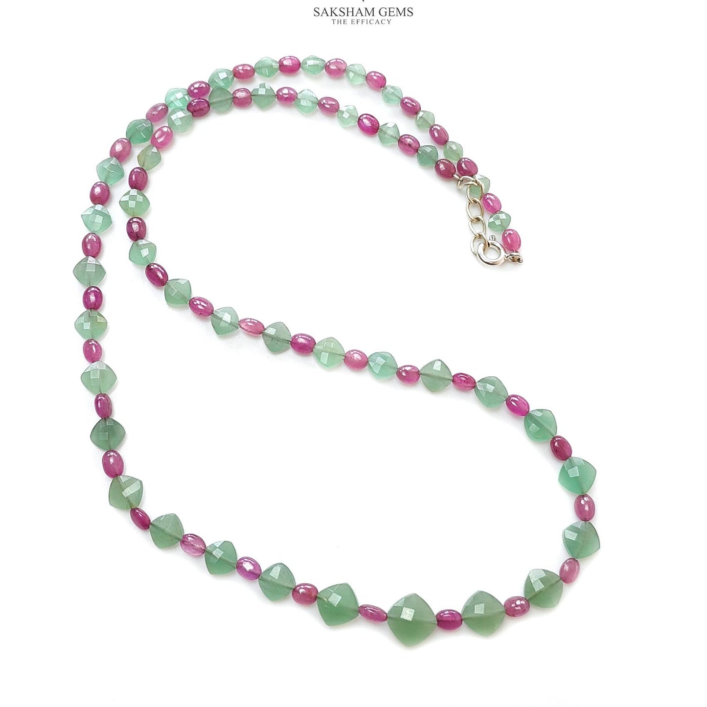 Ruby & Quartz Beads Necklace : 12.08gms 925 Sterling Silver Purple Ruby Green Quartz Briolette Faceted Plain Oval Cushion Necklace 18"