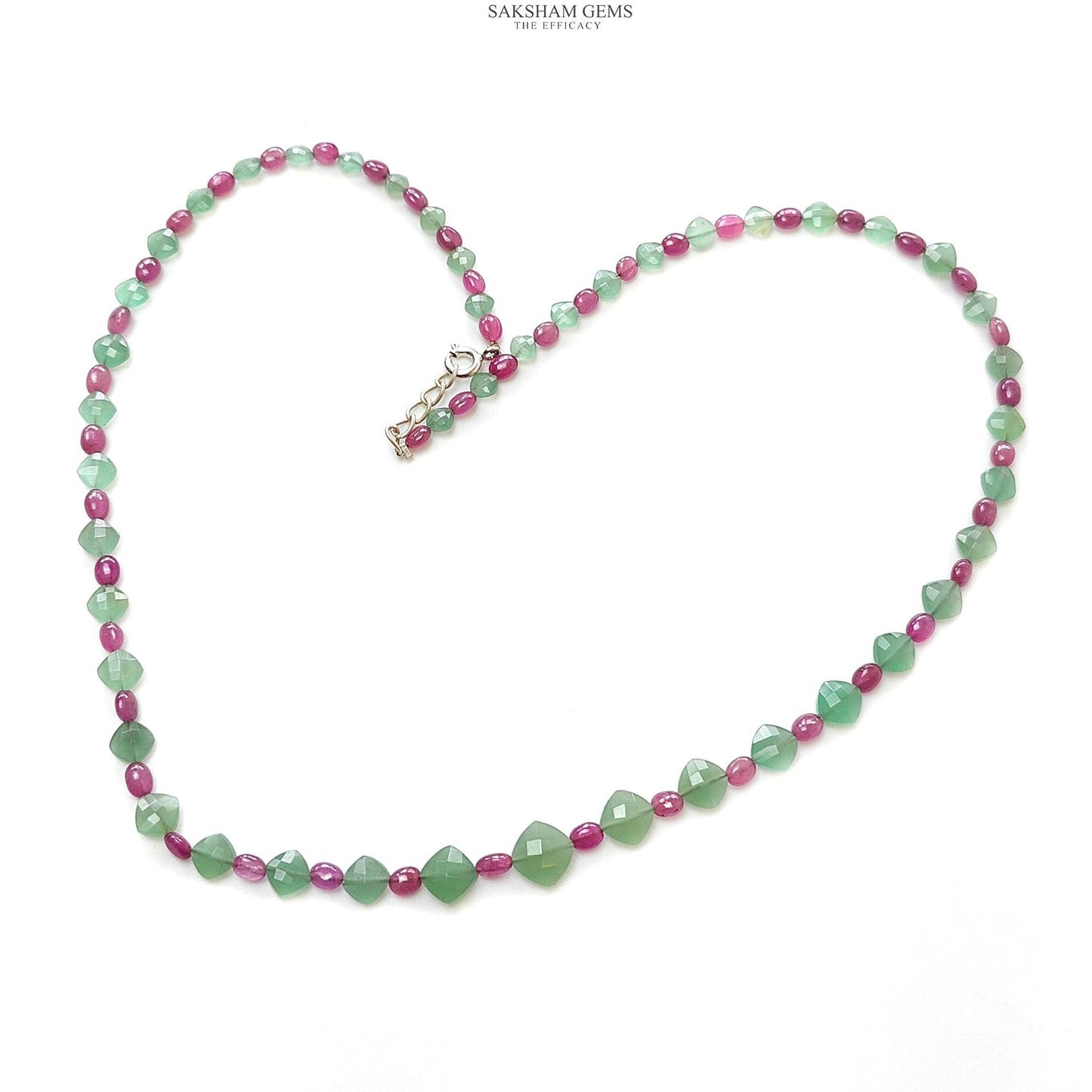 Ruby & Quartz Beads Necklace : 12.08gms 925 Sterling Silver Purple Ruby Green Quartz Briolette Faceted Plain Oval Cushion Necklace 18"