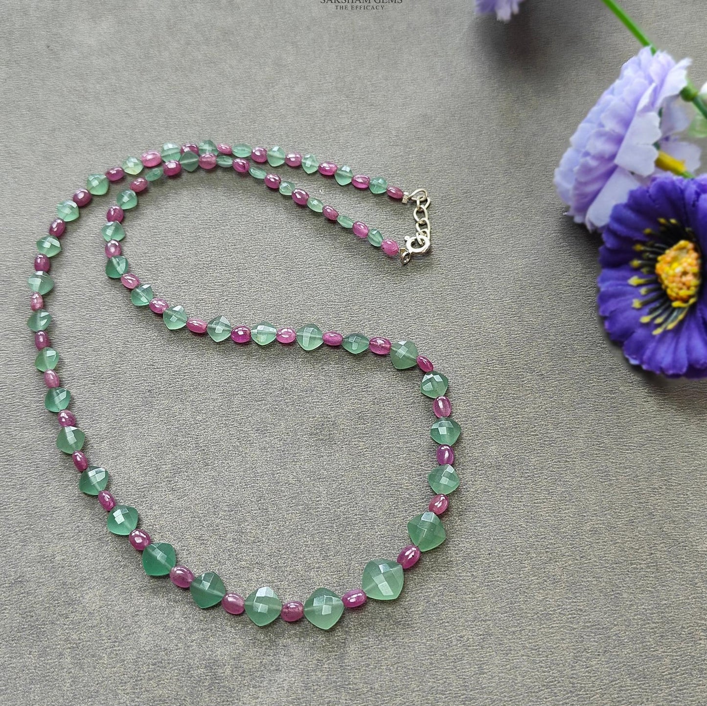 Ruby & Quartz Beads Necklace : 12.08gms 925 Sterling Silver Purple Ruby Green Quartz Briolette Faceted Plain Oval Cushion Necklace 18"