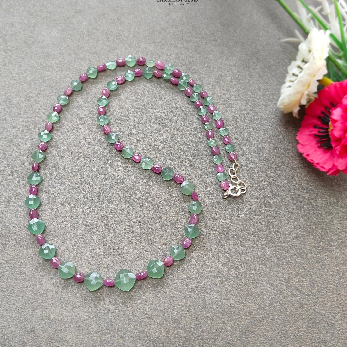Ruby & Quartz Beads Necklace : 12.08gms 925 Sterling Silver Purple Ruby Green Quartz Briolette Faceted Plain Oval Cushion Necklace 18"