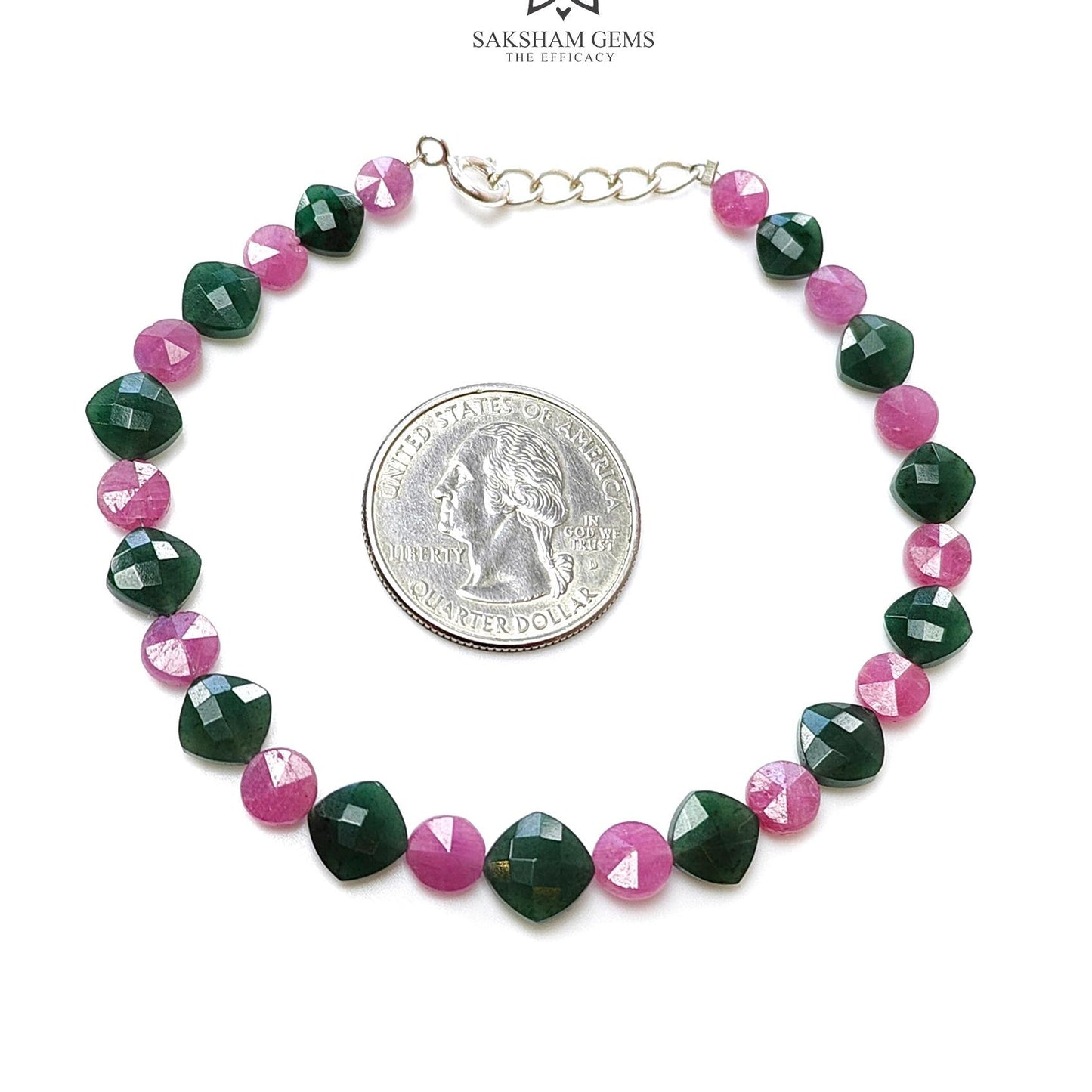 Quartz & Ruby Beads Bracelet : 7.78gms 925 Sterling Silver Green Quartz And Pink Ruby Briolette Cushion Checker Cut Bracelet 8.25"