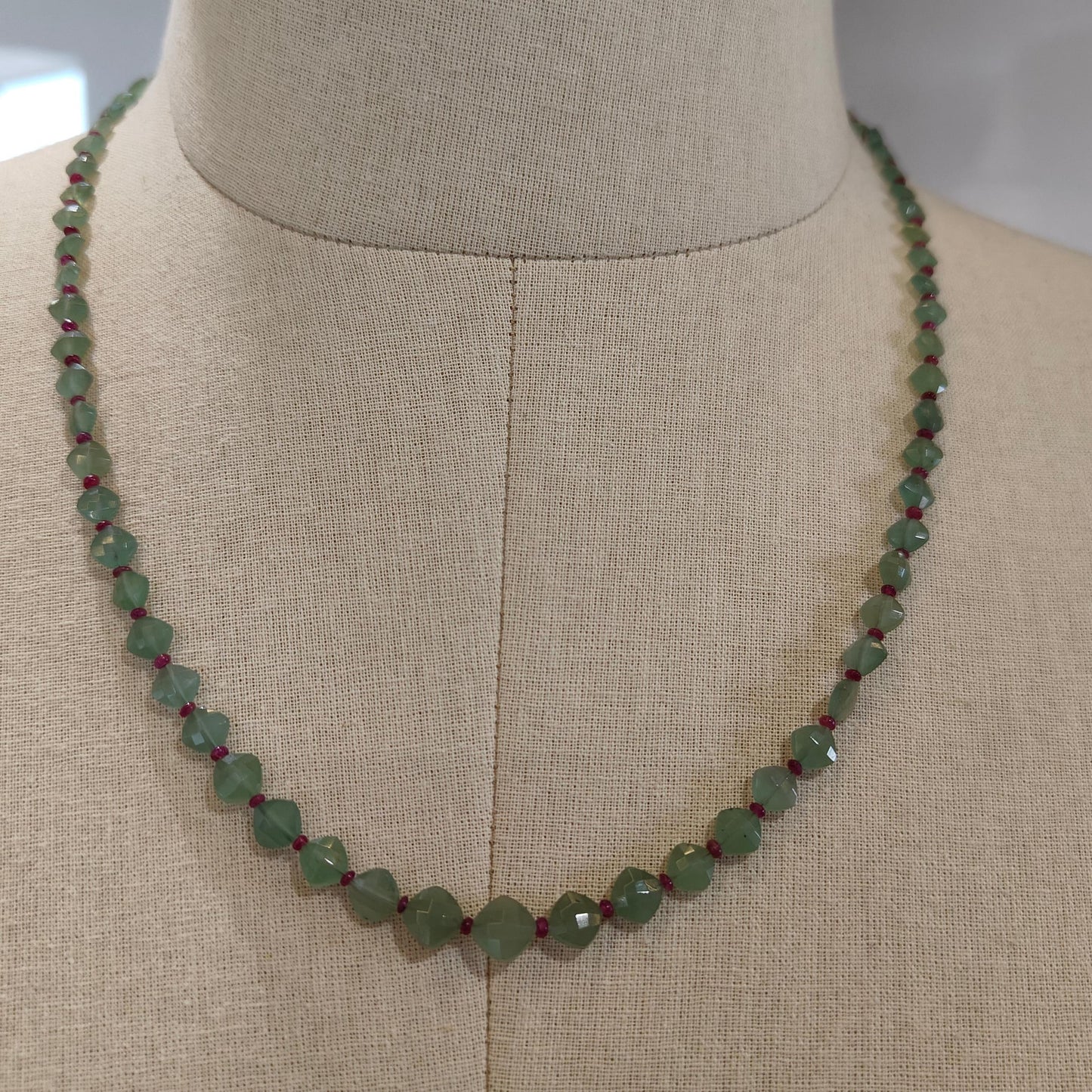 Quartz & Ruby Beads Necklace : 8.5gms 925 Sterling Silver Ruby Green Quartz Briolette Faceted Cushion Necklace 19"