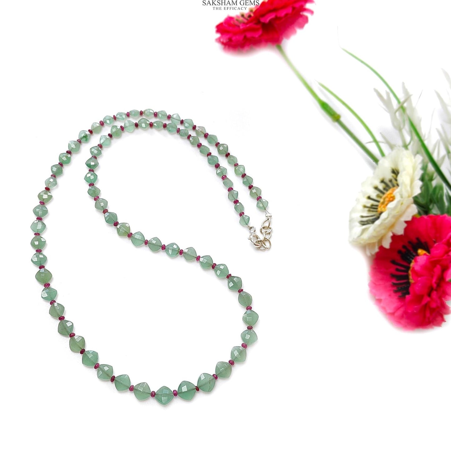 Quartz & Ruby Beads Necklace : 8.5gms 925 Sterling Silver Ruby Green Quartz Briolette Faceted Cushion Necklace 19"