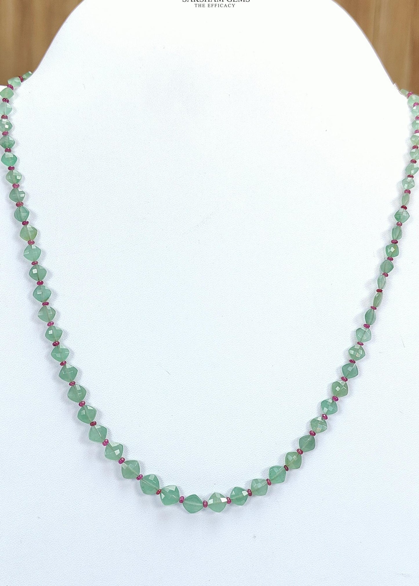 Quartz & Ruby Beads Necklace : 8.5gms 925 Sterling Silver Ruby Green Quartz Briolette Faceted Cushion Necklace 19"