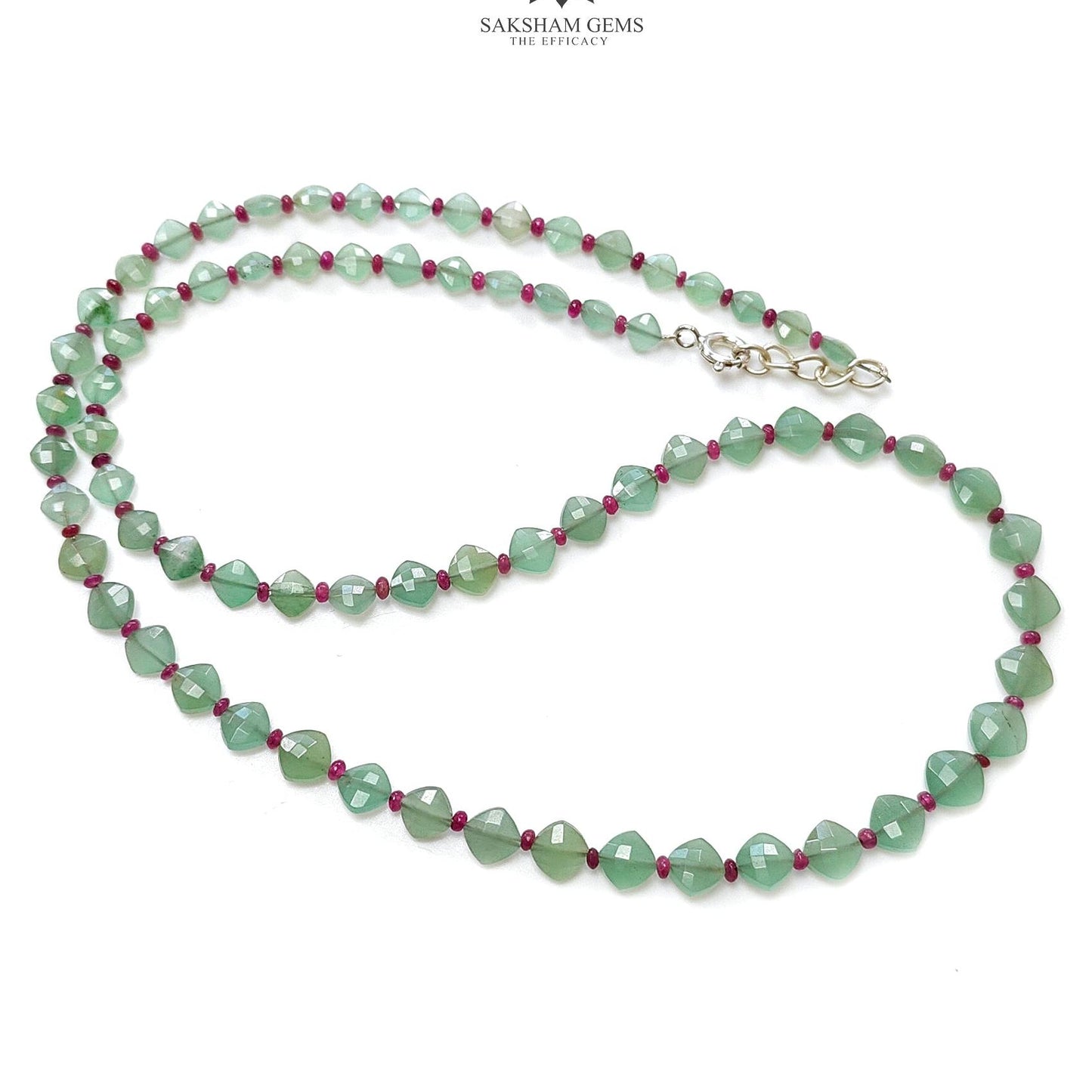 Quartz & Ruby Beads Necklace : 8.5gms 925 Sterling Silver Ruby Green Quartz Briolette Faceted Cushion Necklace 19"
