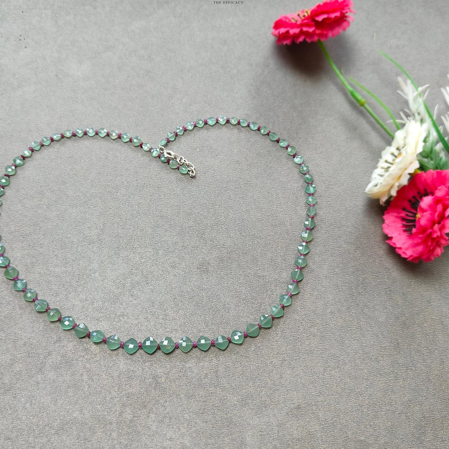 Quartz & Ruby Beads Necklace : 8.5gms 925 Sterling Silver Ruby Green Quartz Briolette Faceted Cushion Necklace 19"