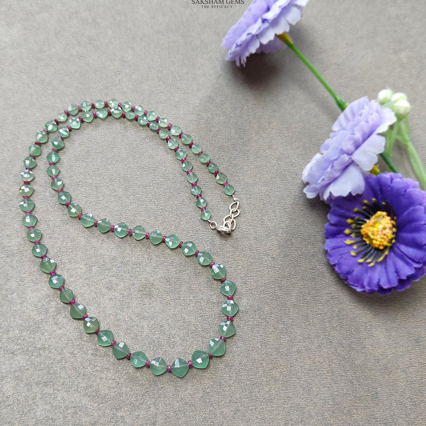 Quartz & Ruby Beads Necklace : 8.5gms 925 Sterling Silver Ruby Green Quartz Briolette Faceted Cushion Necklace 19"