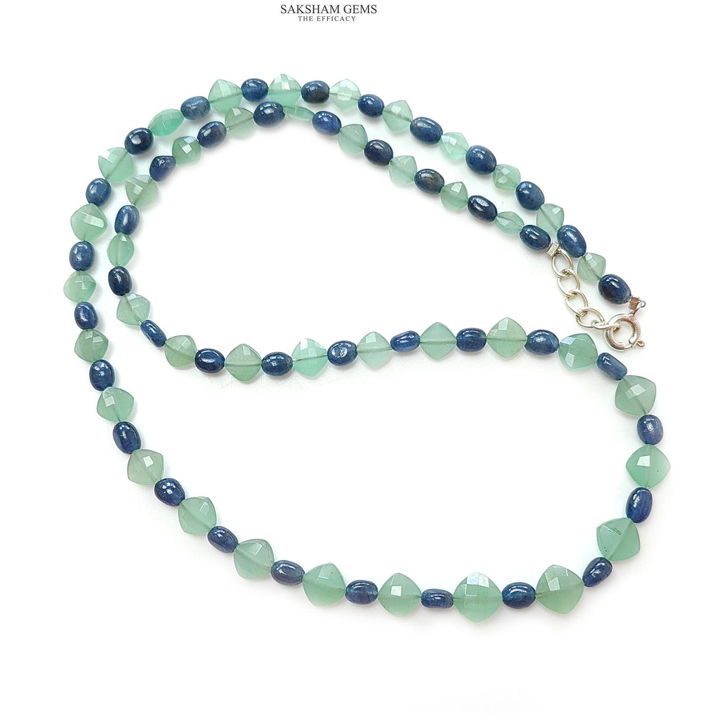Sapphire & Quartz Beads Necklace : 11.65gms 925 Sterling Silver Blue Sapphire Green Quartz Briolette Faceted Plain Oval Cushion Necklace 18"