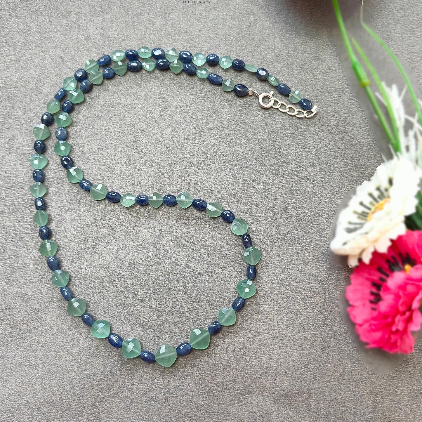 Sapphire & Quartz Beads Necklace : 11.65gms 925 Sterling Silver Blue Sapphire Green Quartz Briolette Faceted Plain Oval Cushion Necklace 18"