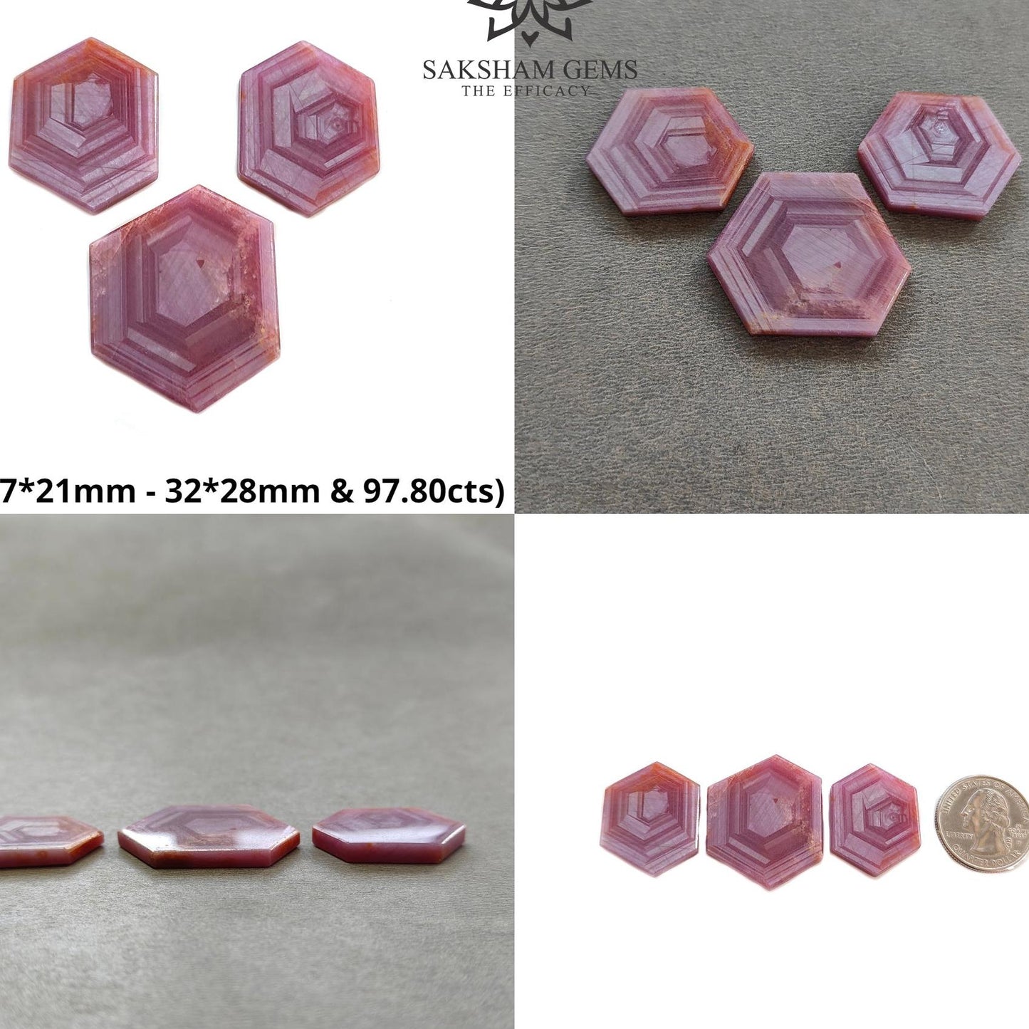 Rosemary Sheen SAPPHIRE Gemstone Flat Slices : Natural Untreated Unheated Pink Sapphire Hexagon Shape Set