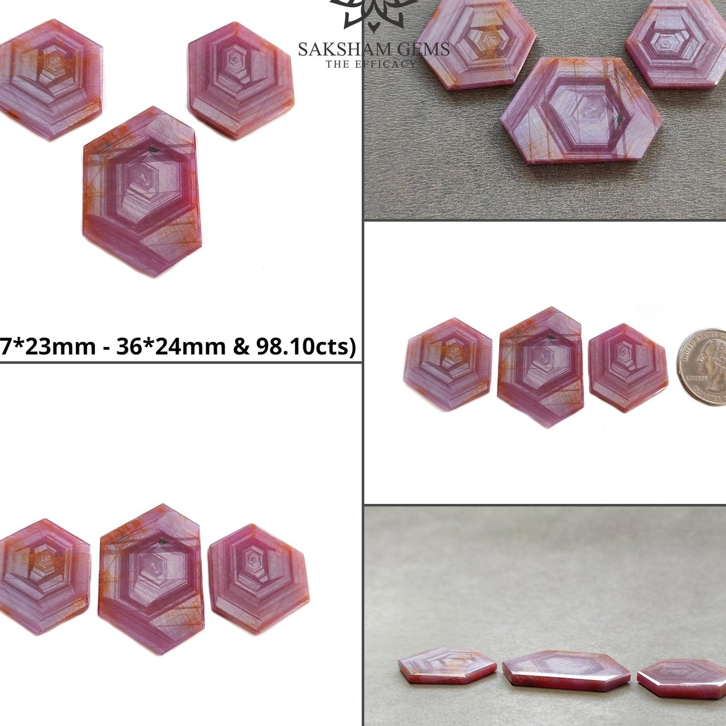 Rosemary Sheen SAPPHIRE Gemstone Flat Slices : Natural Untreated Unheated Pink Sapphire Hexagon Shape Set