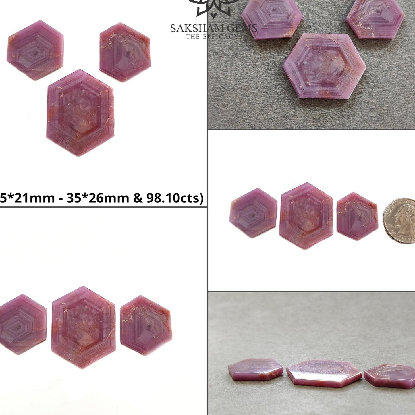 Rosemary Sheen SAPPHIRE Gemstone Flat Slices : Natural Untreated Unheated Pink Sapphire Hexagon Shape Set