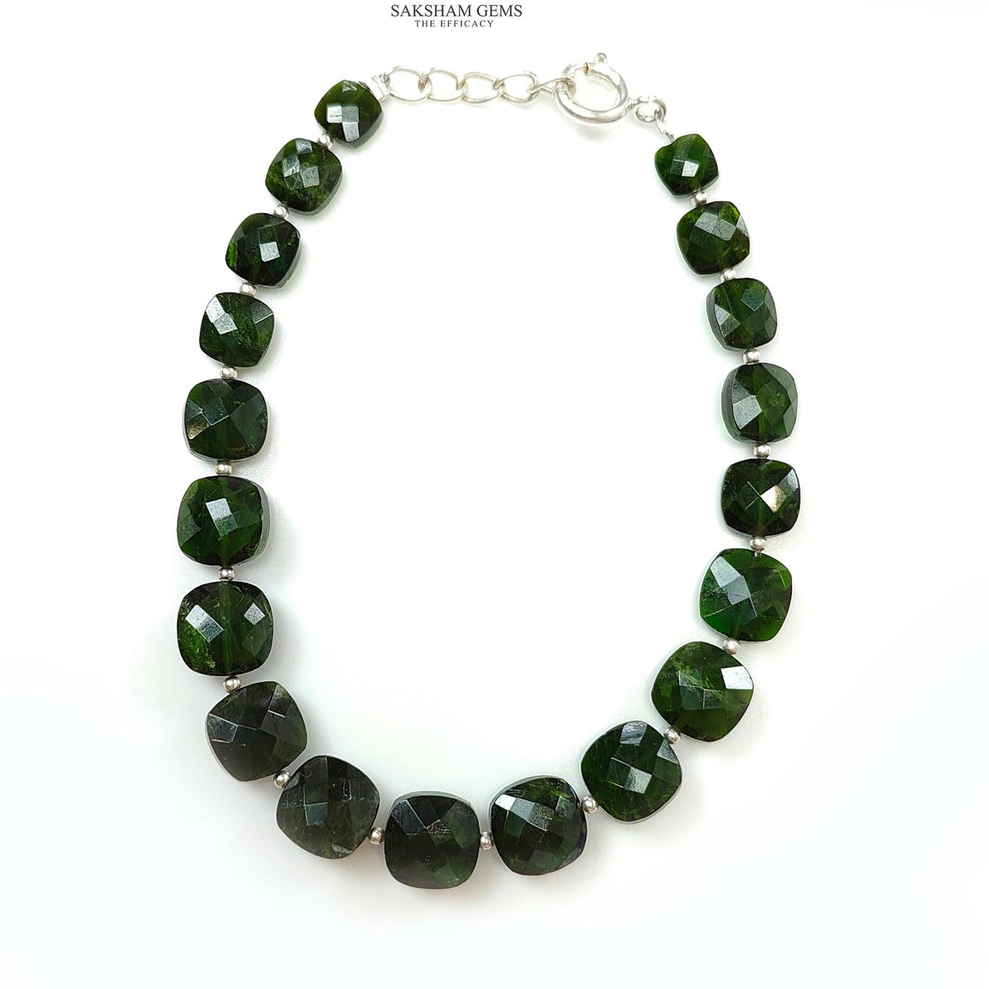 Chrome Diopside Gemstone Beads Bracelet : 11.59gms Green Chrome Diopside 925 Sterling Sliver Beaded Bracelet Checker Cut Bracelet 8"