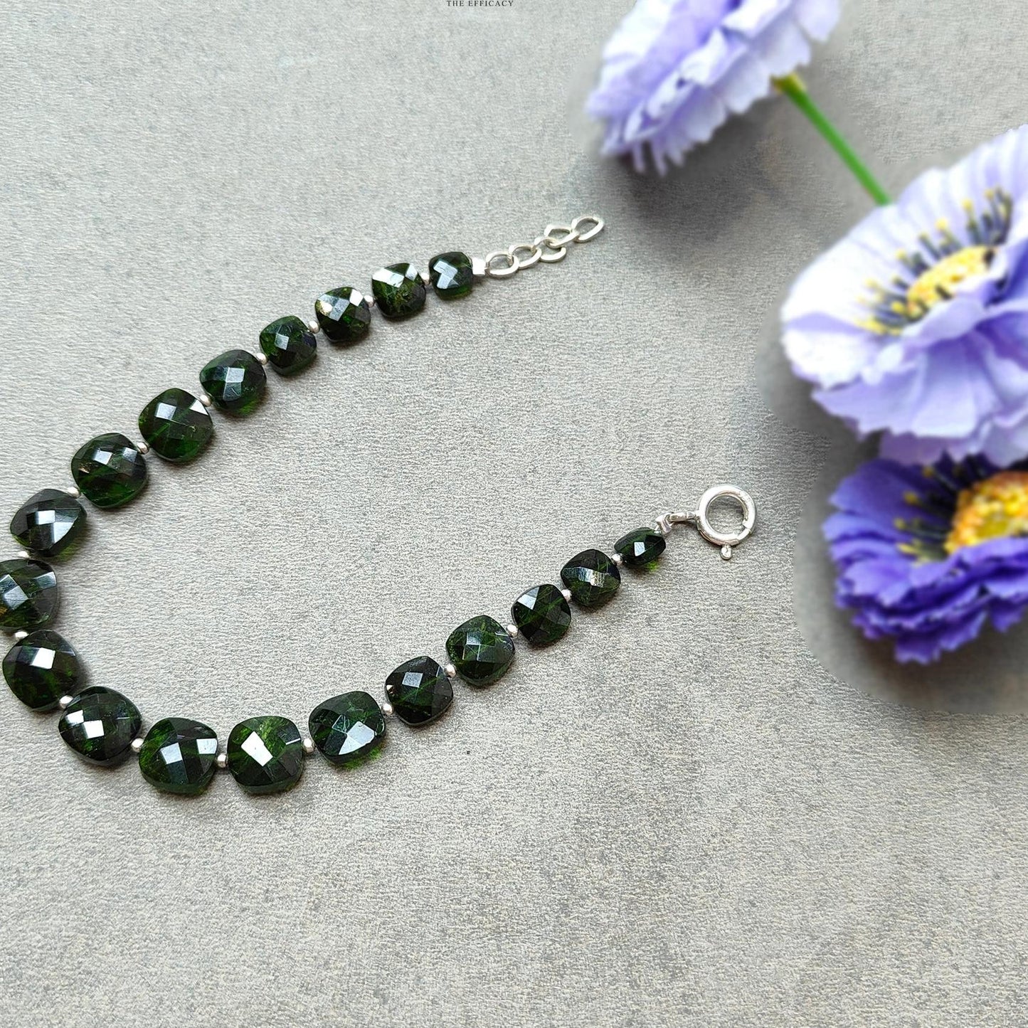 Chrome Diopside Gemstone Beads Bracelet : 11.59gms Green Chrome Diopside 925 Sterling Sliver Beaded Bracelet Checker Cut Bracelet 8"