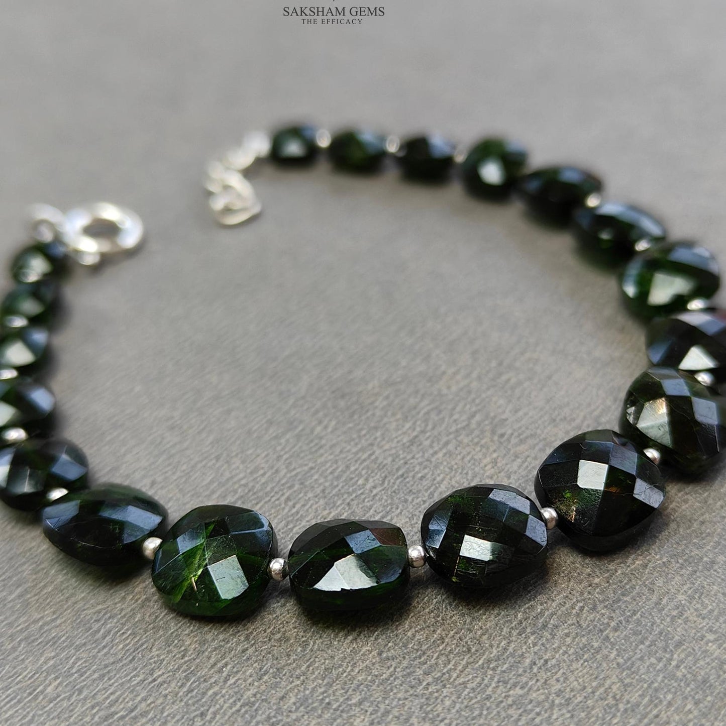 Chrome Diopside Gemstone Beads Bracelet : 11.59gms Green Chrome Diopside 925 Sterling Sliver Beaded Bracelet Checker Cut Bracelet 8"