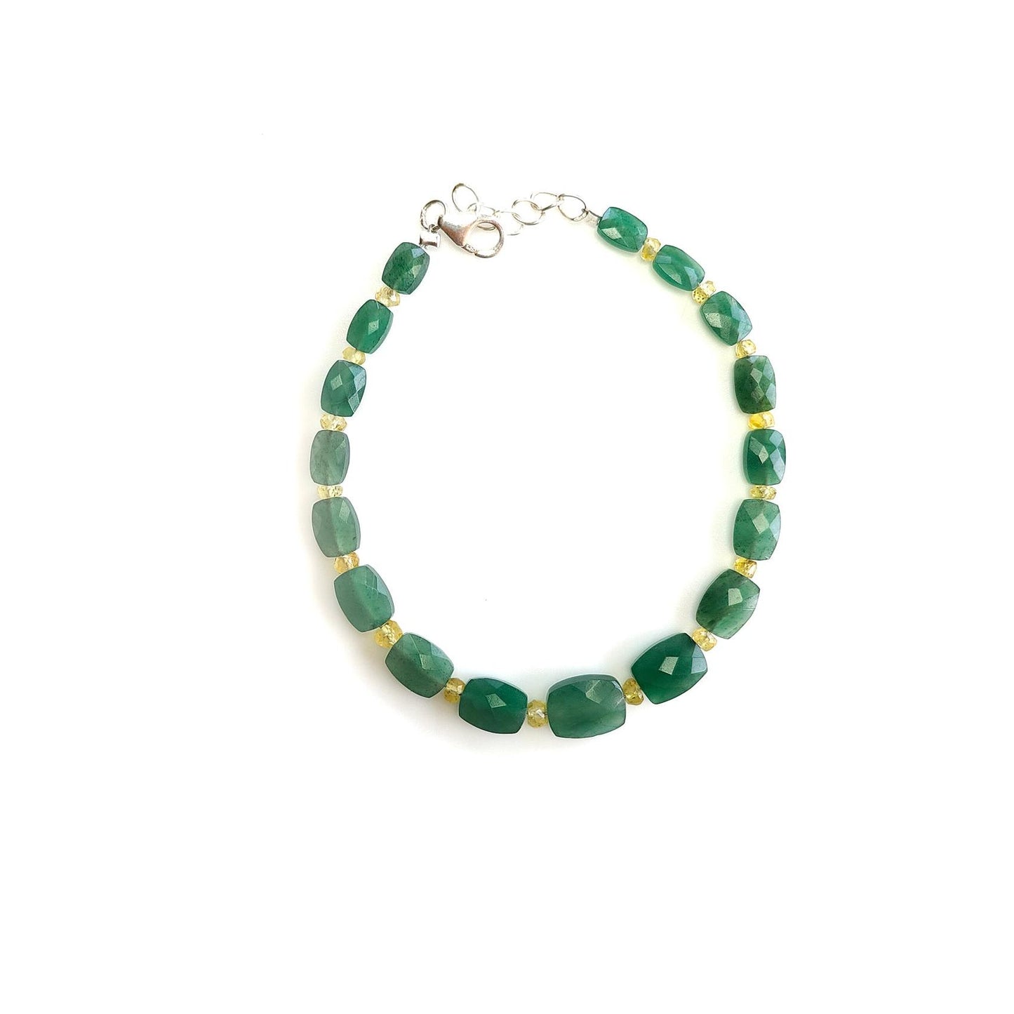 Quartz & Opal Beads Bracelet : 4.06gms 925 Sterling Silver Green Quartz And Yellow Opal Briolette Cushion Checker Cut Bracelet 7"