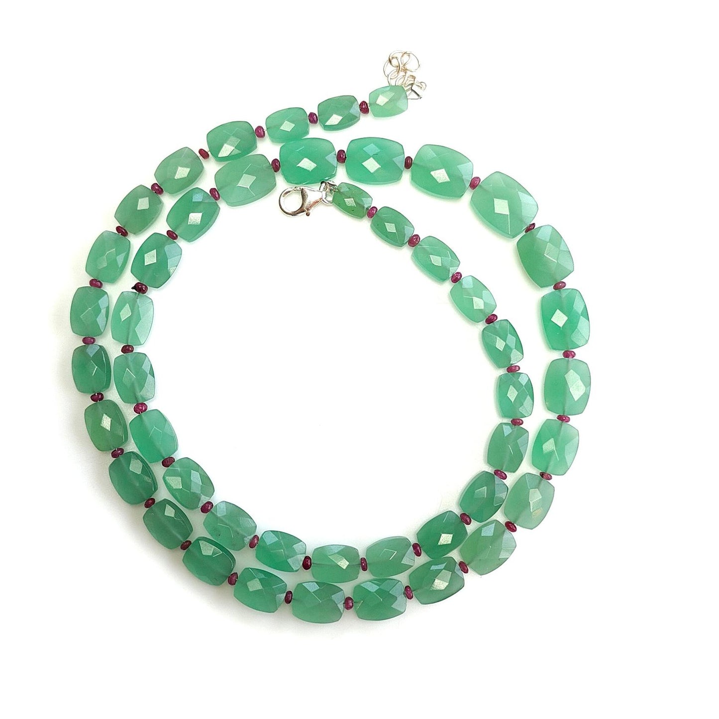 Quartz & Ruby Beads Necklace : 17.21gms 925 Sterling Silver Natural Green Quartz Red Ruby Briolette Faceted Cushion Necklace 18"