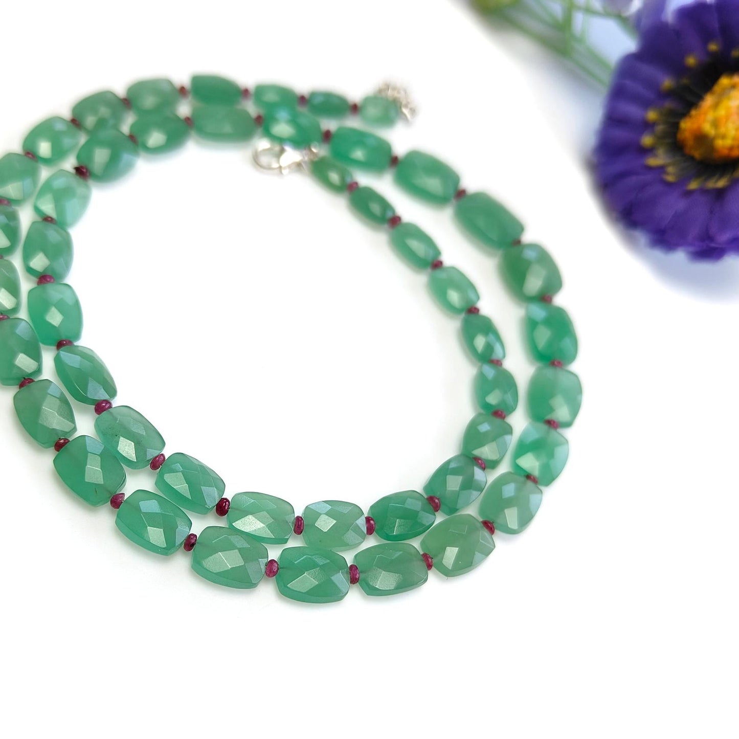 Quartz & Ruby Beads Necklace : 17.21gms 925 Sterling Silver Natural Green Quartz Red Ruby Briolette Faceted Cushion Necklace 18"