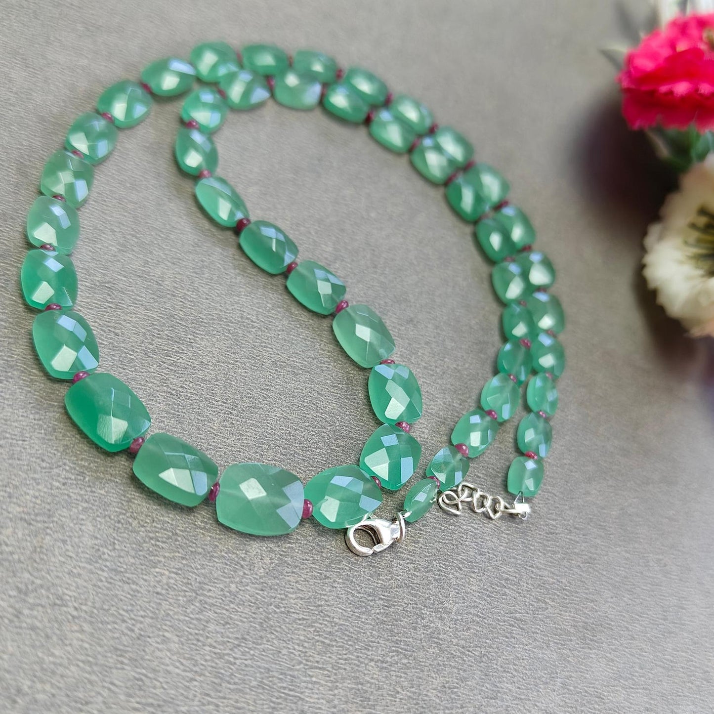 Quartz & Ruby Beads Necklace : 17.21gms 925 Sterling Silver Natural Green Quartz Red Ruby Briolette Faceted Cushion Necklace 18"