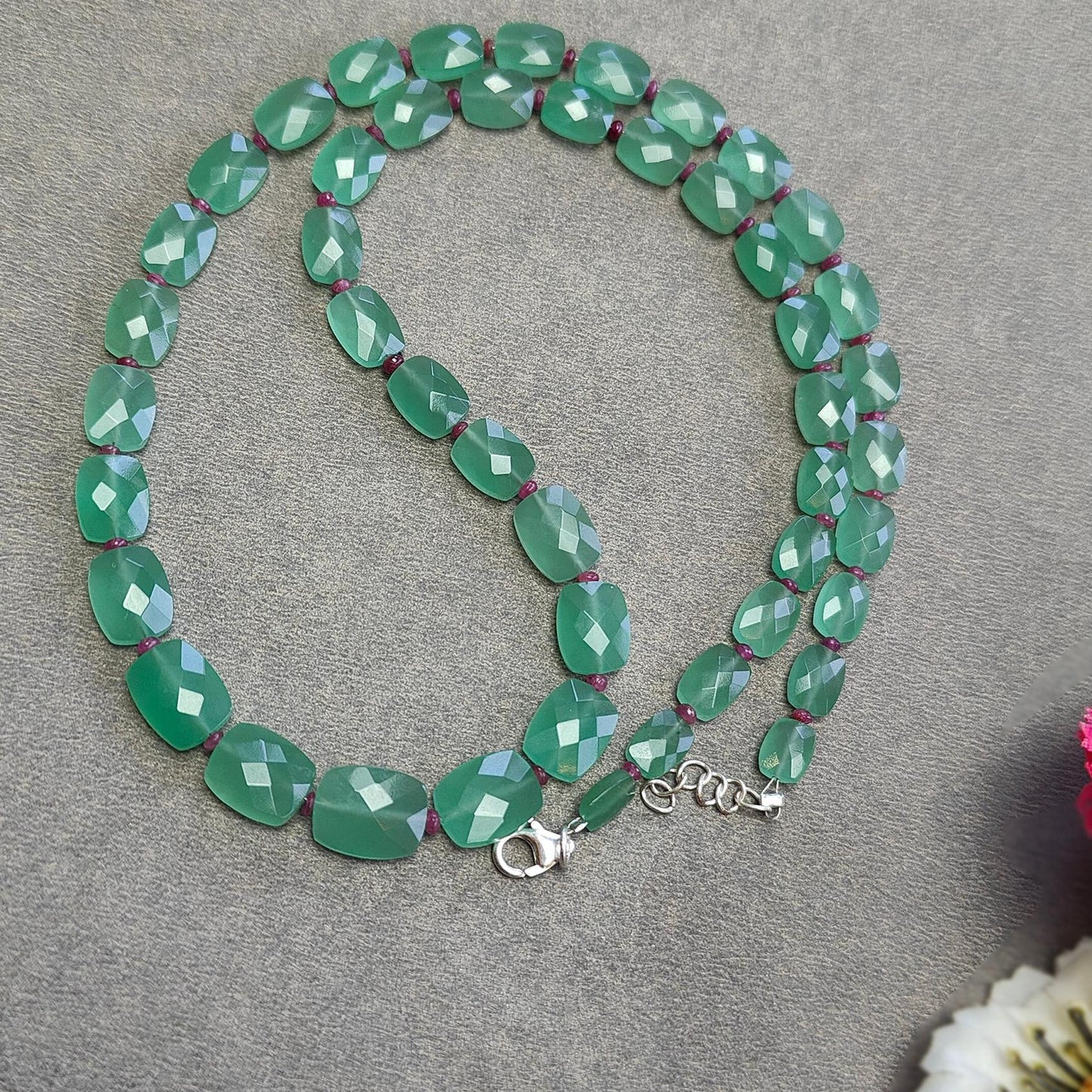 Quartz & Ruby Beads Necklace : 17.21gms 925 Sterling Silver Natural Green Quartz Red Ruby Briolette Faceted Cushion Necklace 18"