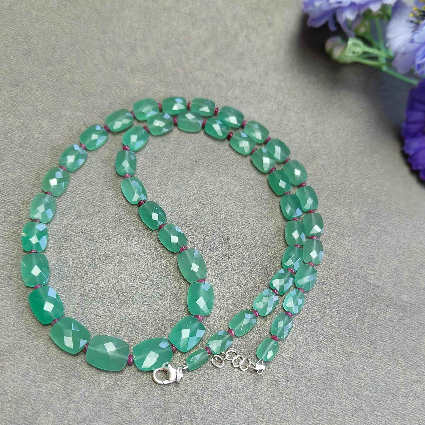 Quartz & Ruby Beads Necklace : 17.21gms 925 Sterling Silver Natural Green Quartz Red Ruby Briolette Faceted Cushion Necklace 18"