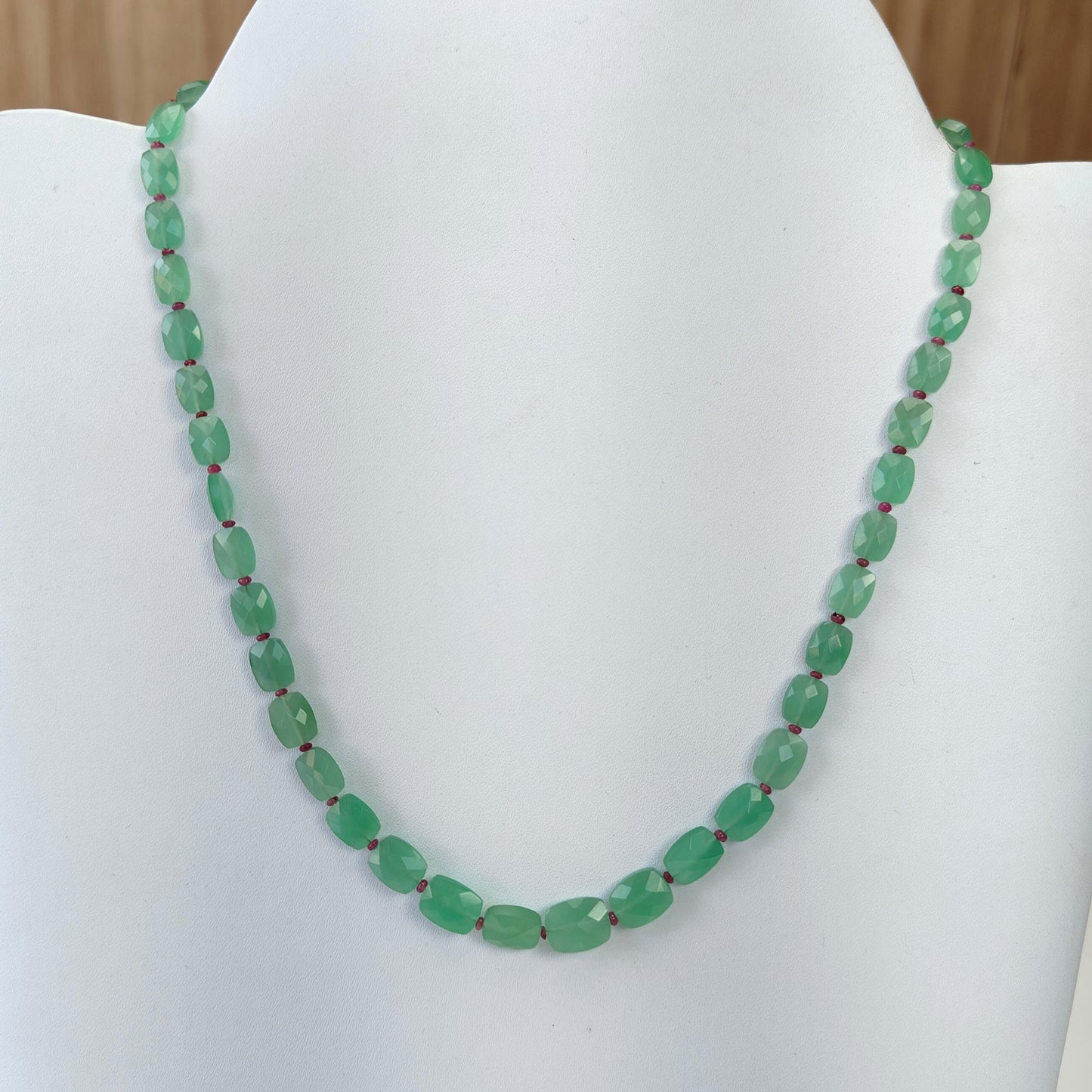 Quartz & Ruby Beads Necklace : 17.21gms 925 Sterling Silver Natural Green Quartz Red Ruby Briolette Faceted Cushion Necklace 18"