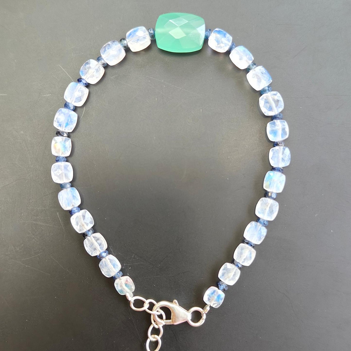 Gemstone Beads Bracelet : 3.56gms Green Quartz Rainbow Moonstone Blue Sapphire 925 Sterling Sliver Beaded Bracelet Briolette Checker Cut 7"