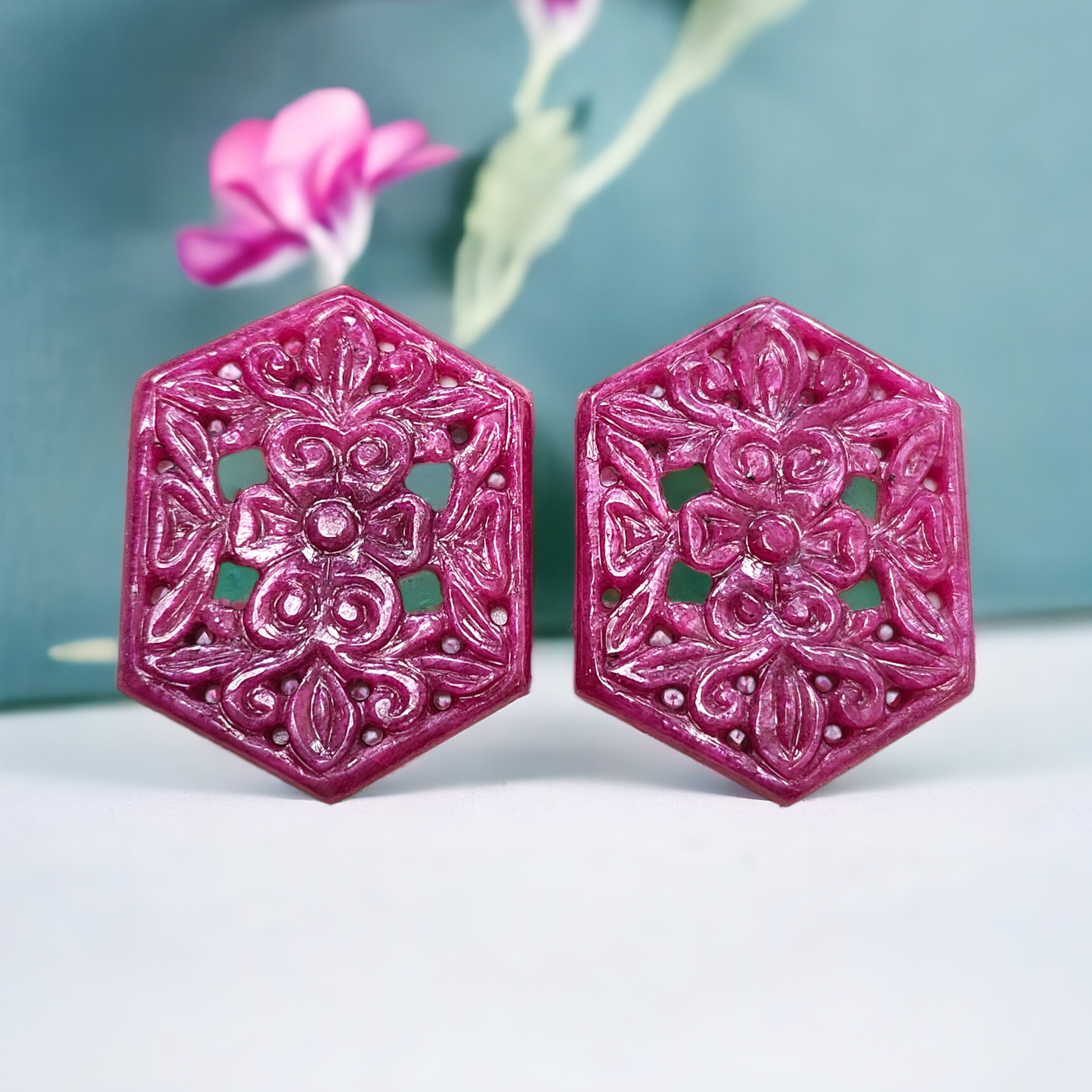 Ruby Gemstone Carving : 72.30cts Natural Untreated Unheated Red Ruby Hand Carved Hexagon Shape 36*27.5mm Pair